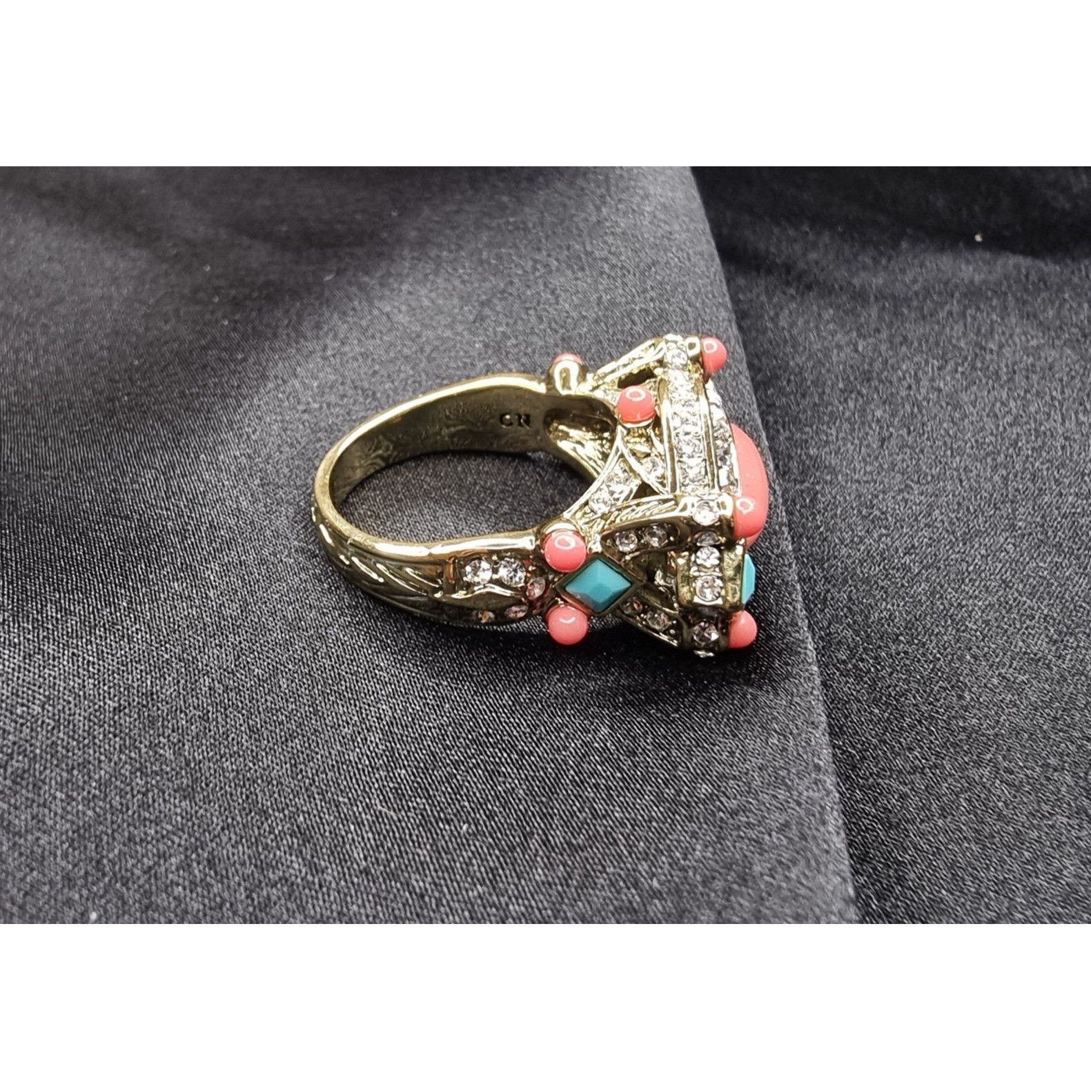Vintage Heidi Daus Crystal & Enamel Statement Ring With Pink Coral & Size ONE SIZE - 4 Thumbnail
