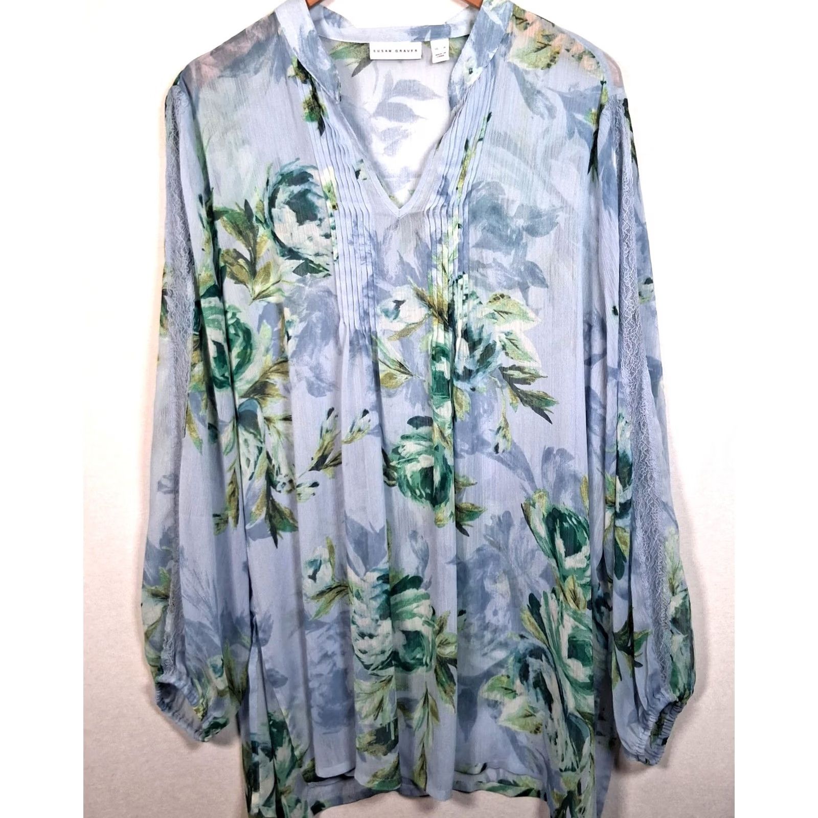Vintage Susan Graver Blouse XL Blue Peony Floral Long Sleeve Semi Sheer Lace Pleated Womens Blouse Size XL / US 12-14 / IT 48-50 - 2 Thumbnail