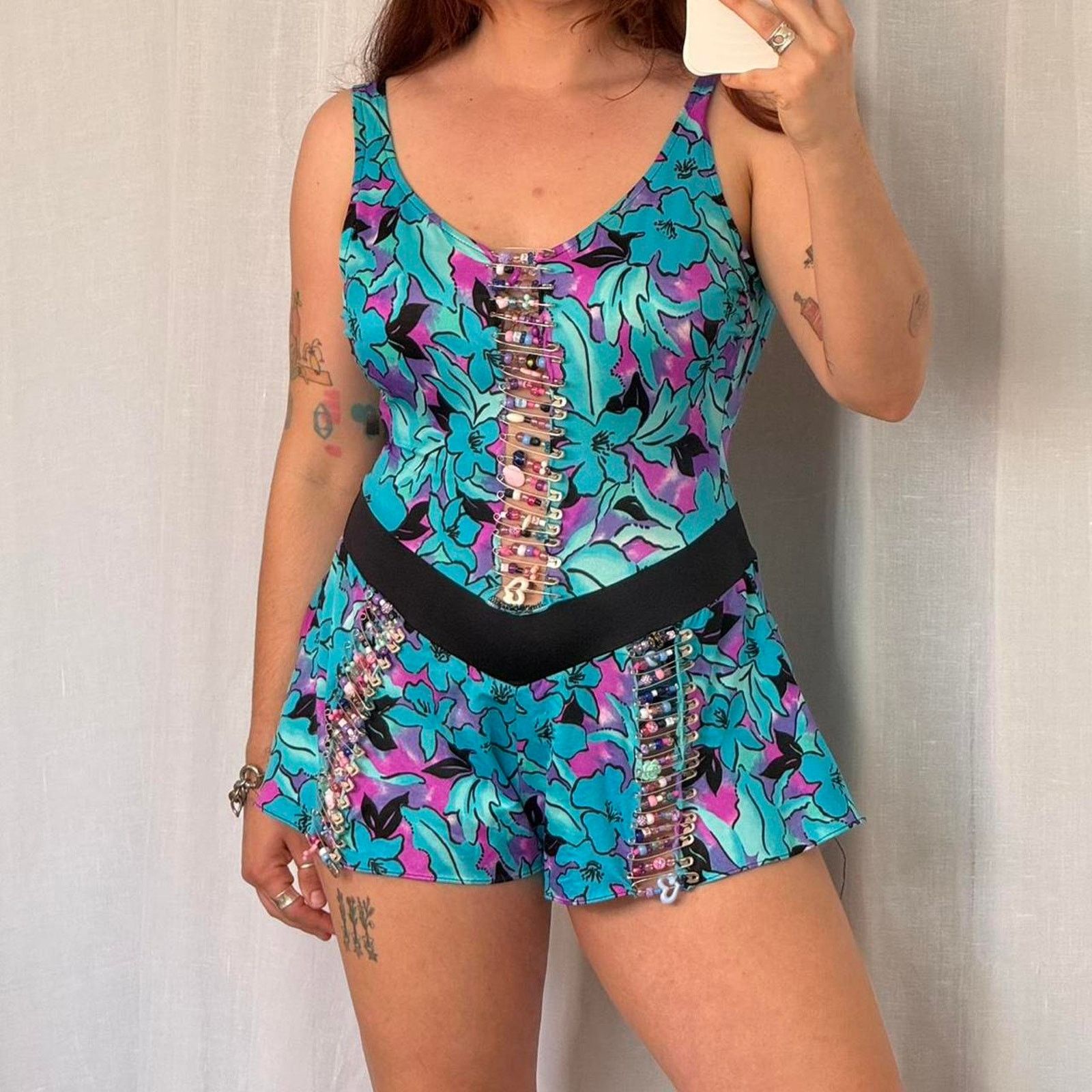 Vintage ✶ vintage 80’s swim suit romper with beaded safety pins ✶ Size L / US 10 / IT 46 - 2 Thumbnail