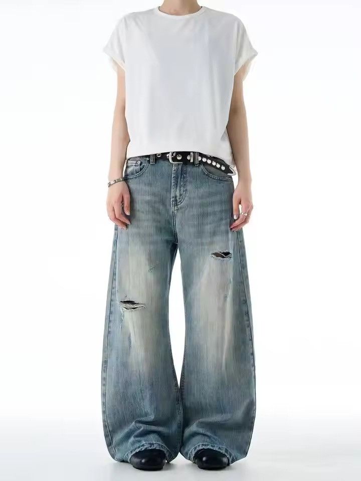 Japanese Brand Cyber-Y2K Distressed Baggy Jeans - Wide-Leg Faded Wash Denim Size US 29 - 3 Thumbnail