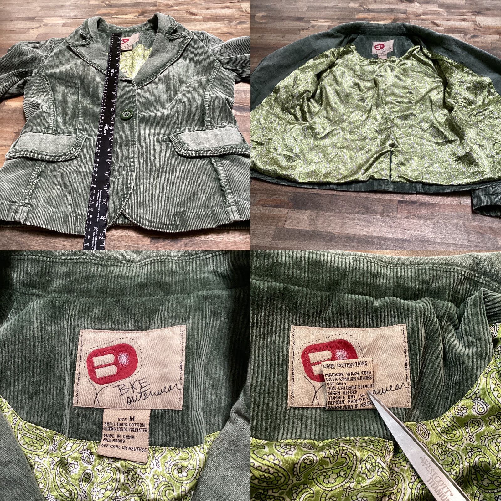 Vintage BKE Jacket Womens M Green Corduroy One Button Classic Casual Short Blazer Coat Size 32" / US 10 / IT 46 - 8 Thumbnail