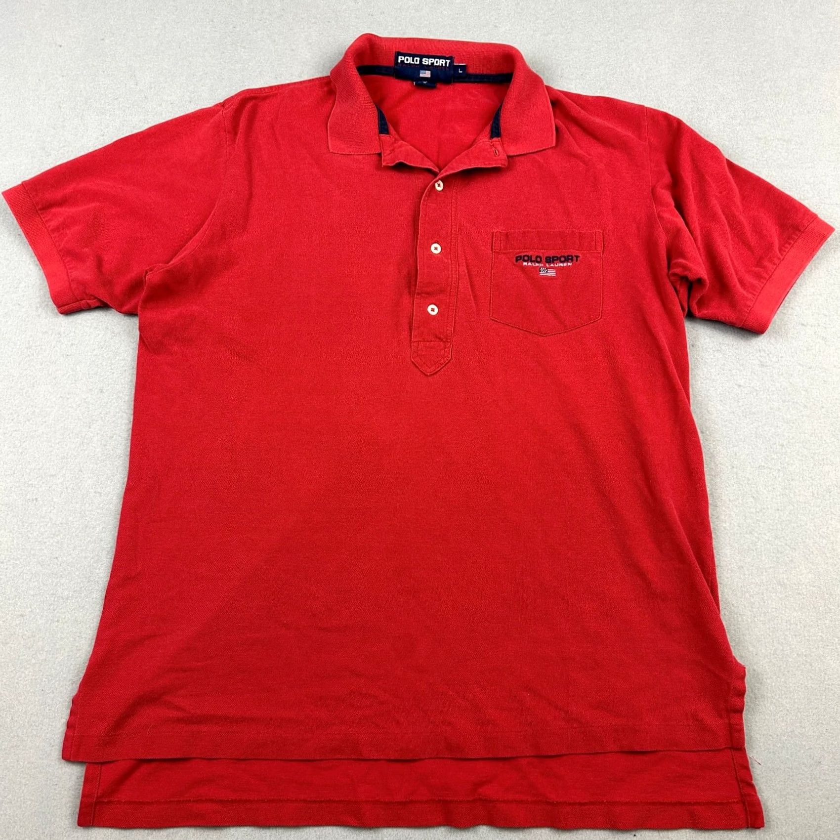 Vintage VINTAGE Polo Sport Shirt Men L Red Solid Pique Knit Flag Pocket 90s L * Size US L / EU 52-54 / 3 - 2 Thumbnail