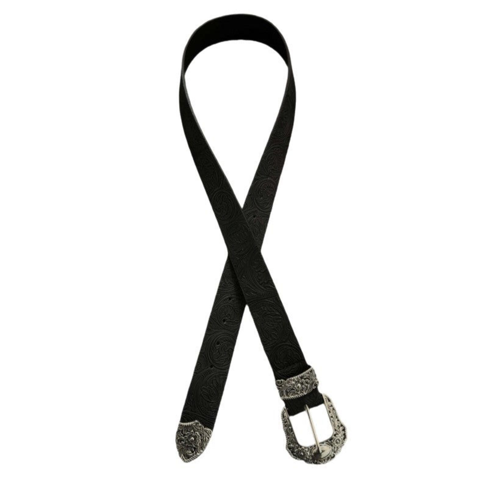 Leather Engraved Floral Buckle Belt | Dark Vintage Black Street Size ONE SIZE - 5 Thumbnail