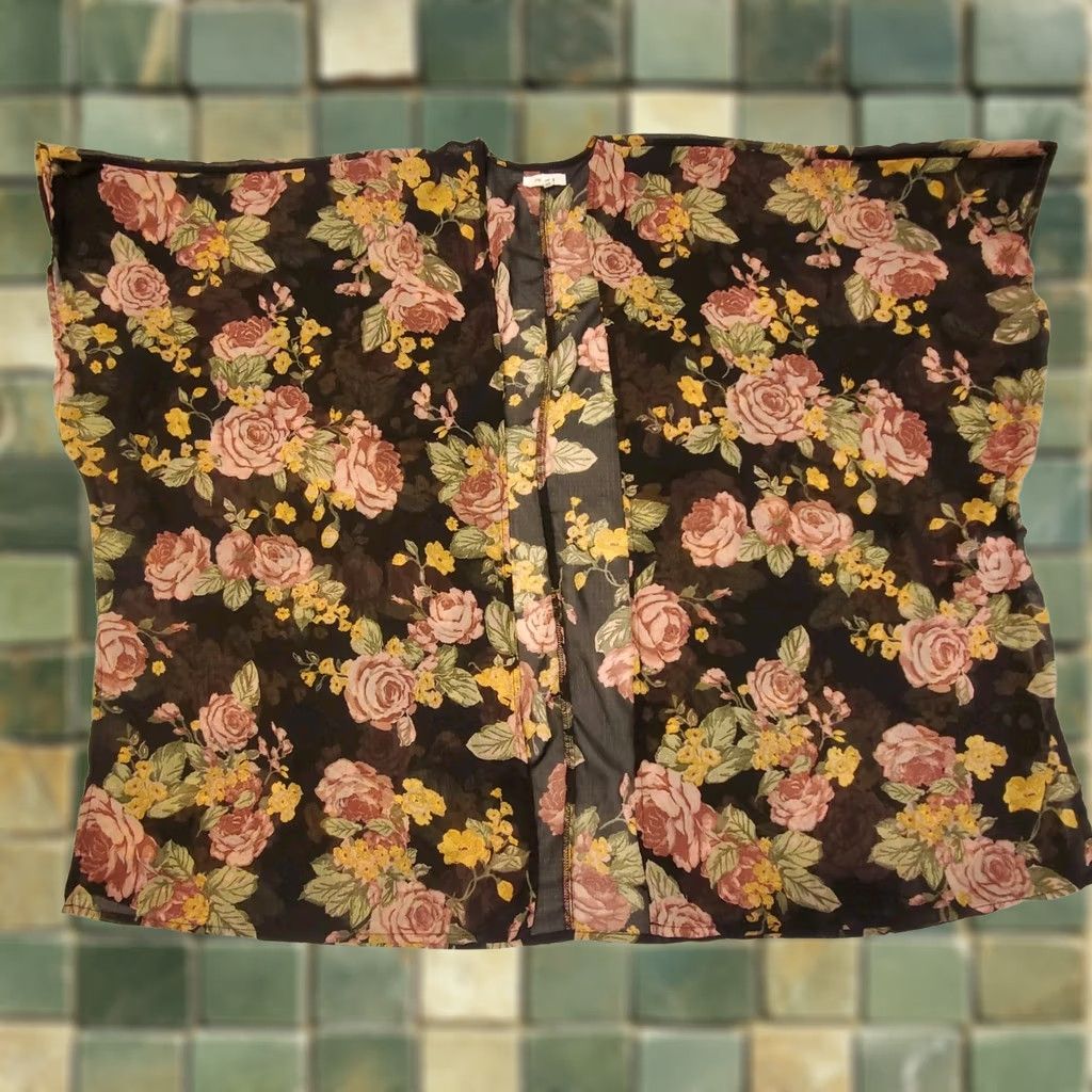 Vintage Maurices Womens Floral Kimono Cover Up Summer Black Sheer Antique Roses OSFM Size ONE SIZE - 1 Thumbnail