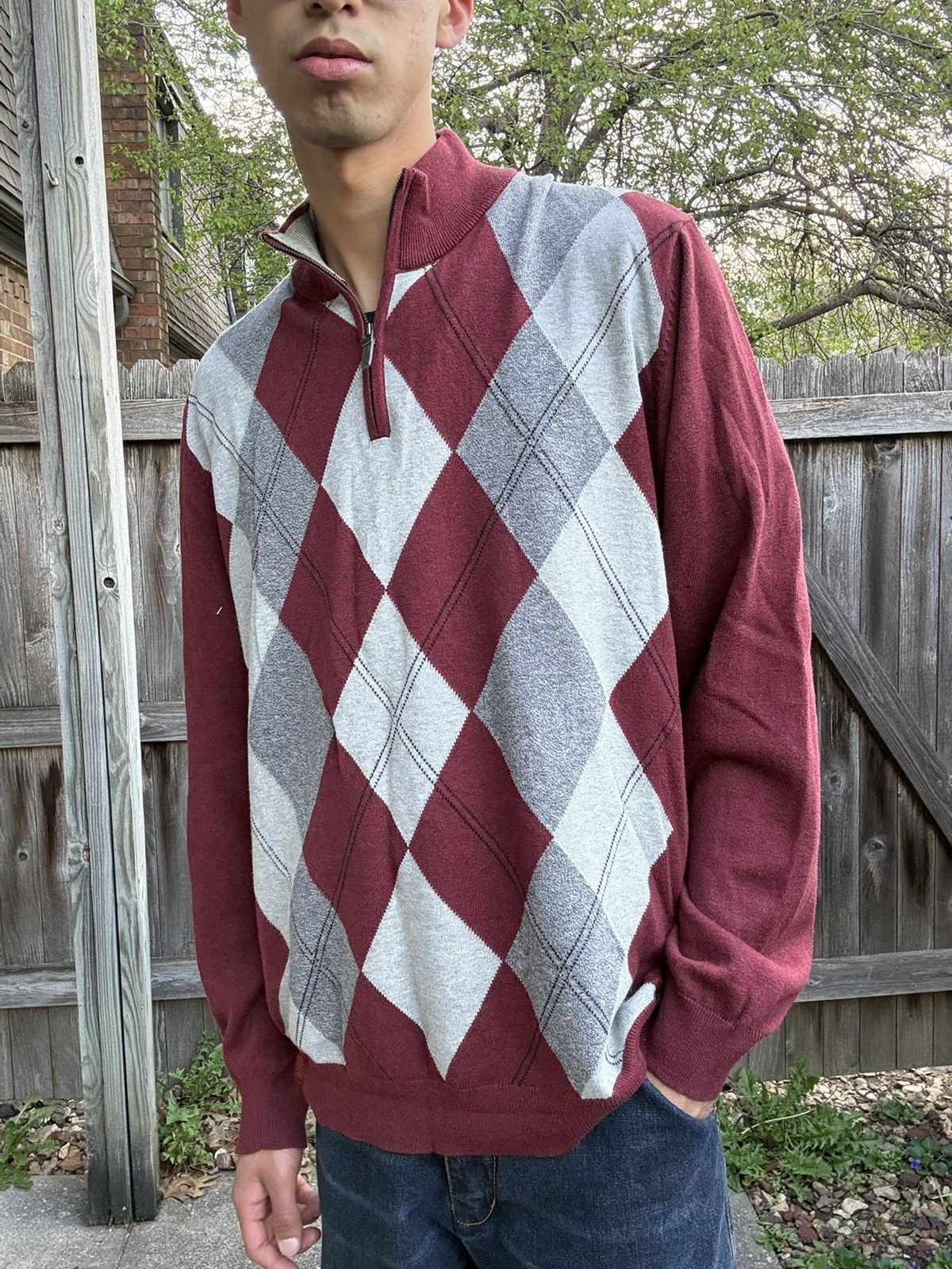 Tasso Elba Maroon Symmetrical Argyle Cotton Quarter Zip Sweater Size US XL / EU 56 / 4 - 1 Thumbnail