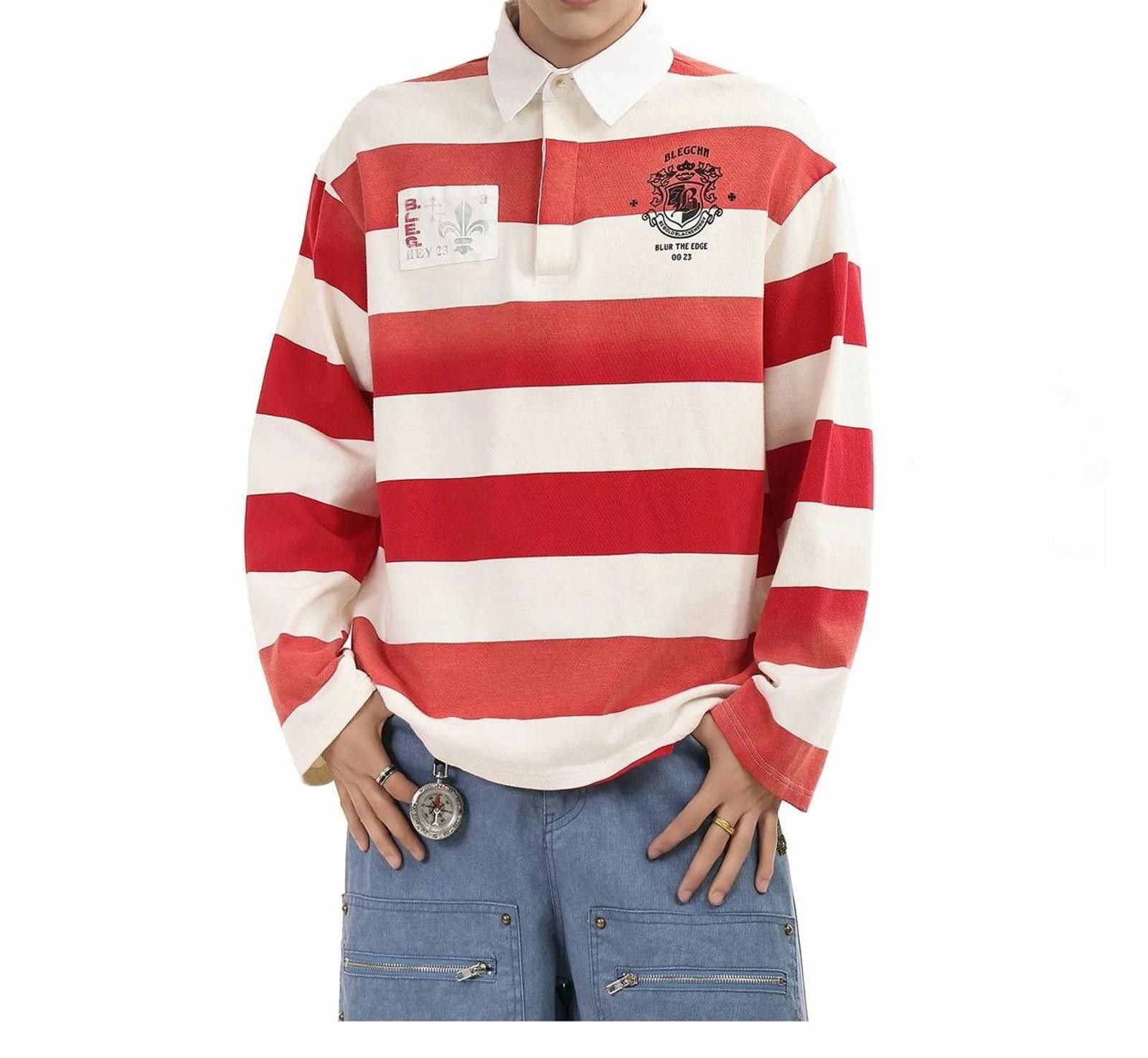 Other Red-White Stripe Washed Lapel Polo Shirt Size US XL / EU 56 / 4 - 6 Thumbnail