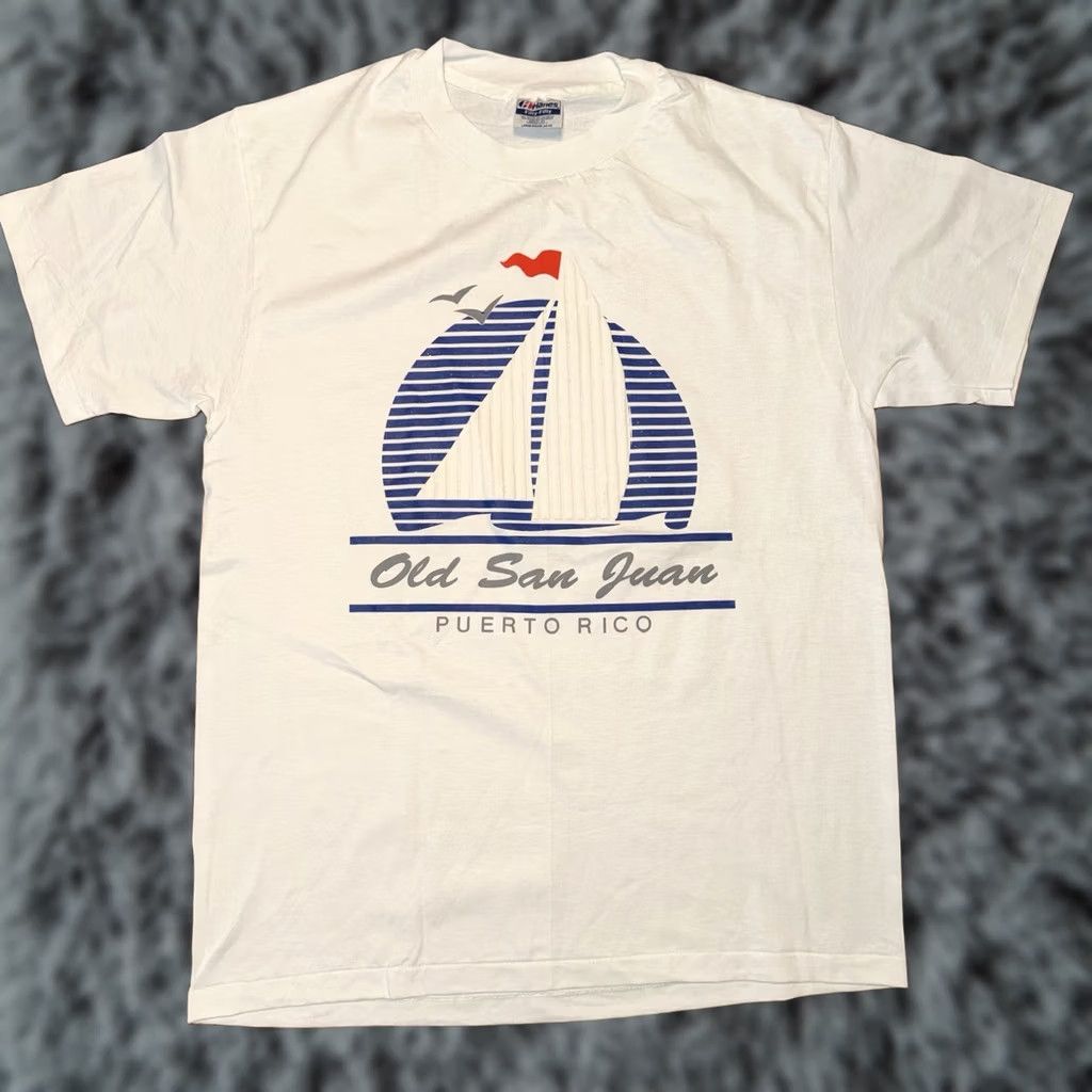 Hanes VINTAGE Hanes White T-Shirt Sailboat Graphic Print 1990s 80s Beach Unisex Adults L Size US L / EU 52-54 / 3 - 1 Thumbnail