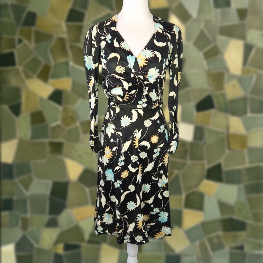 Vintage VINTAGE Plain Jane Dress A-Line Knee Length Floral Black Yellow S Womens 70s Bohemian V-Neck Long Sleeve Size S / US 4 / IT 40 - 1 Thumbnail