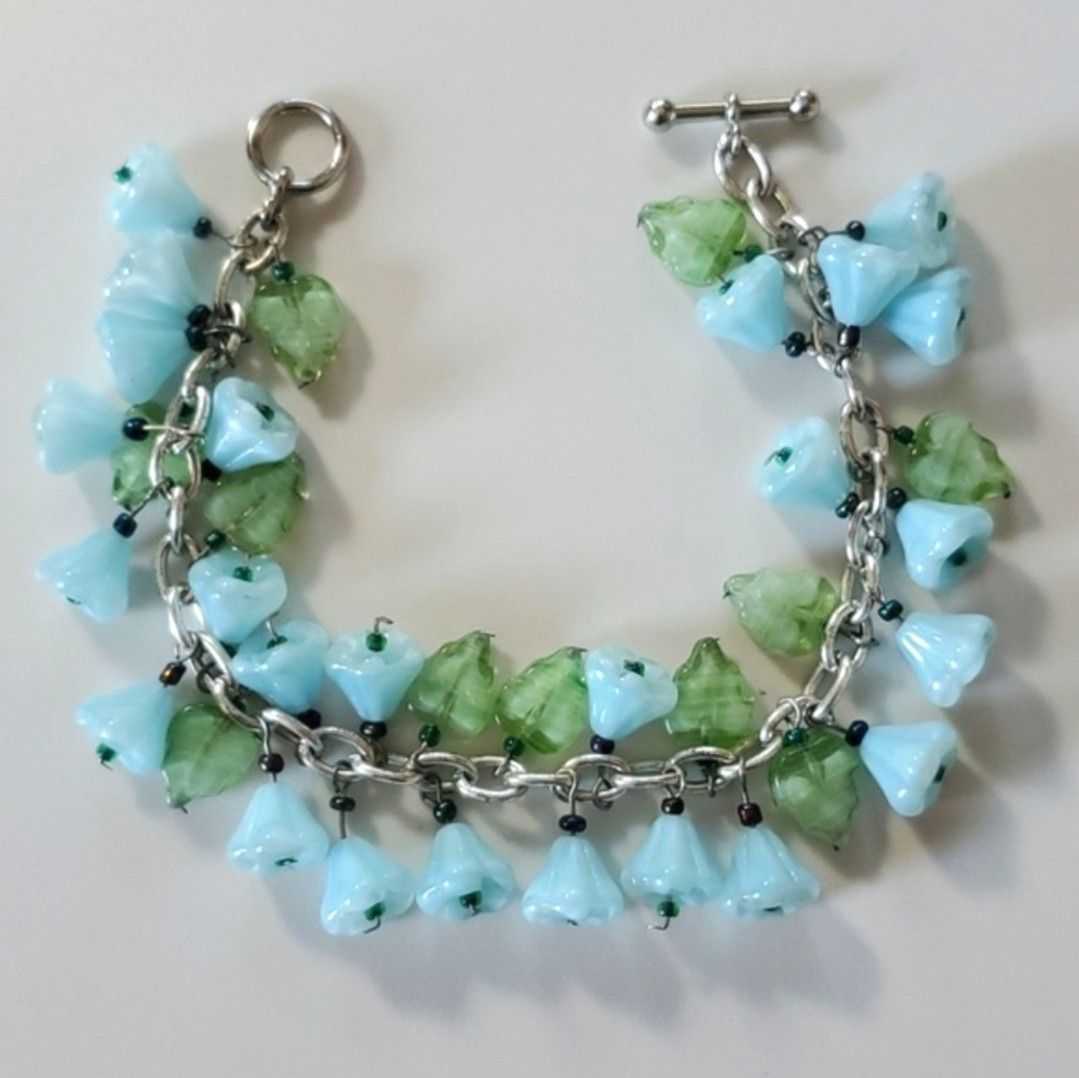 Handmade Charm 7" Bracelet Handmade Aqua Teal Green Flower Leaf Czech Size ONE SIZE - 11 Thumbnail