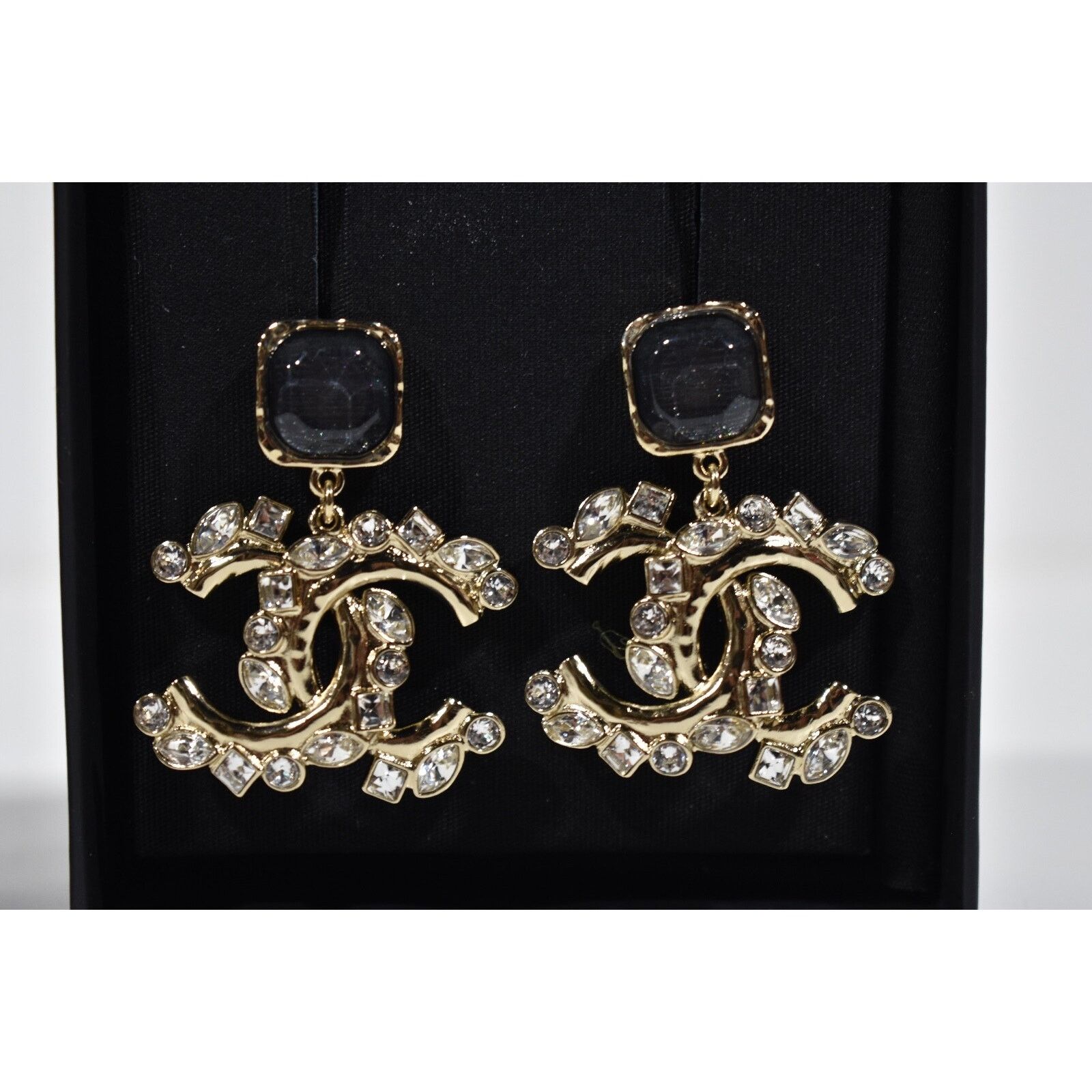 Chanel Chanel Gold Crystal Black XL Statement Stud Drop Earrings Size ONE SIZE - 5 Thumbnail