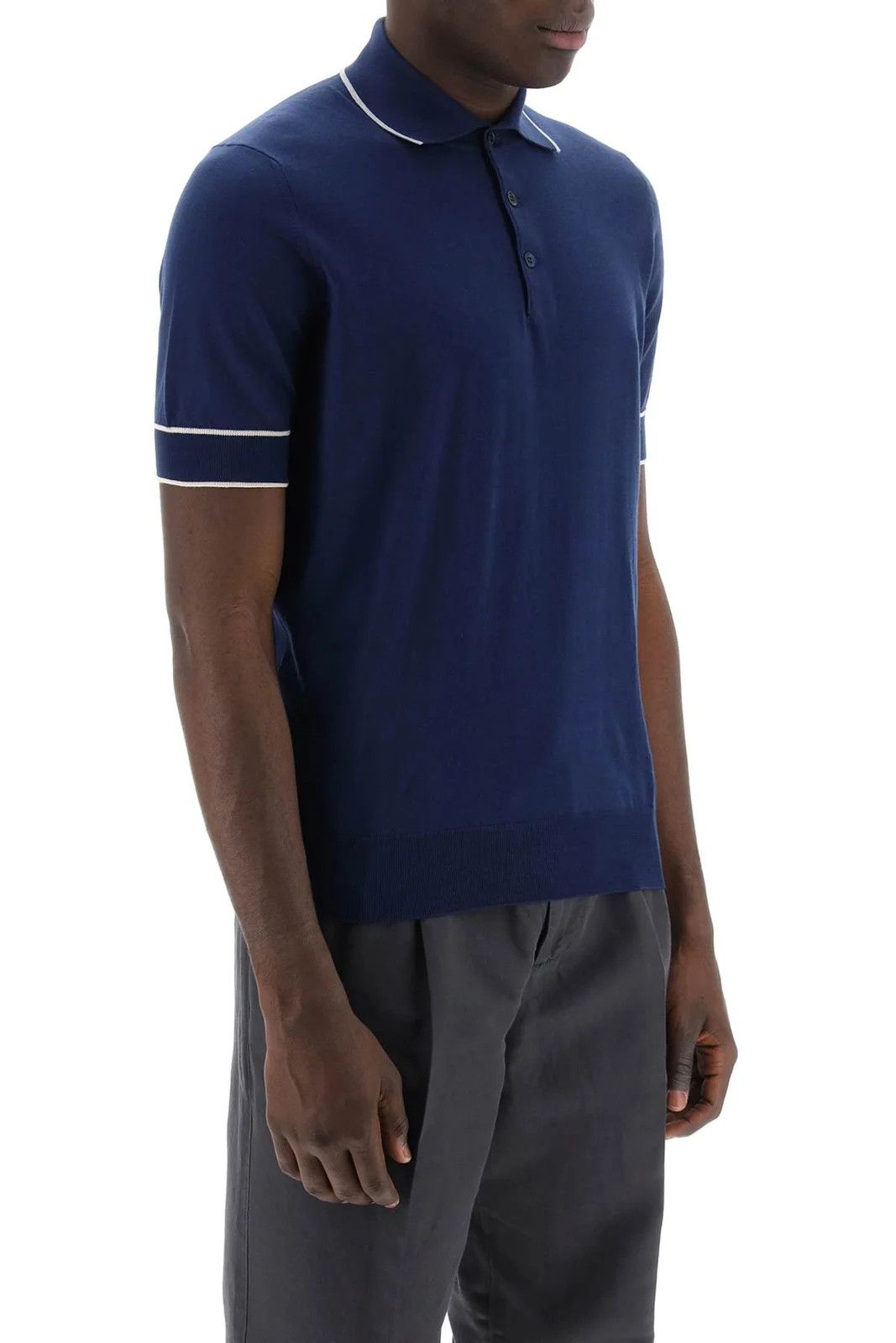 Brunello Cucinelli o1w1db10725 Knitted Short Sleeved Polo Shirt in Navy Blue Size US XL / EU 56 / 4 - 2 Thumbnail