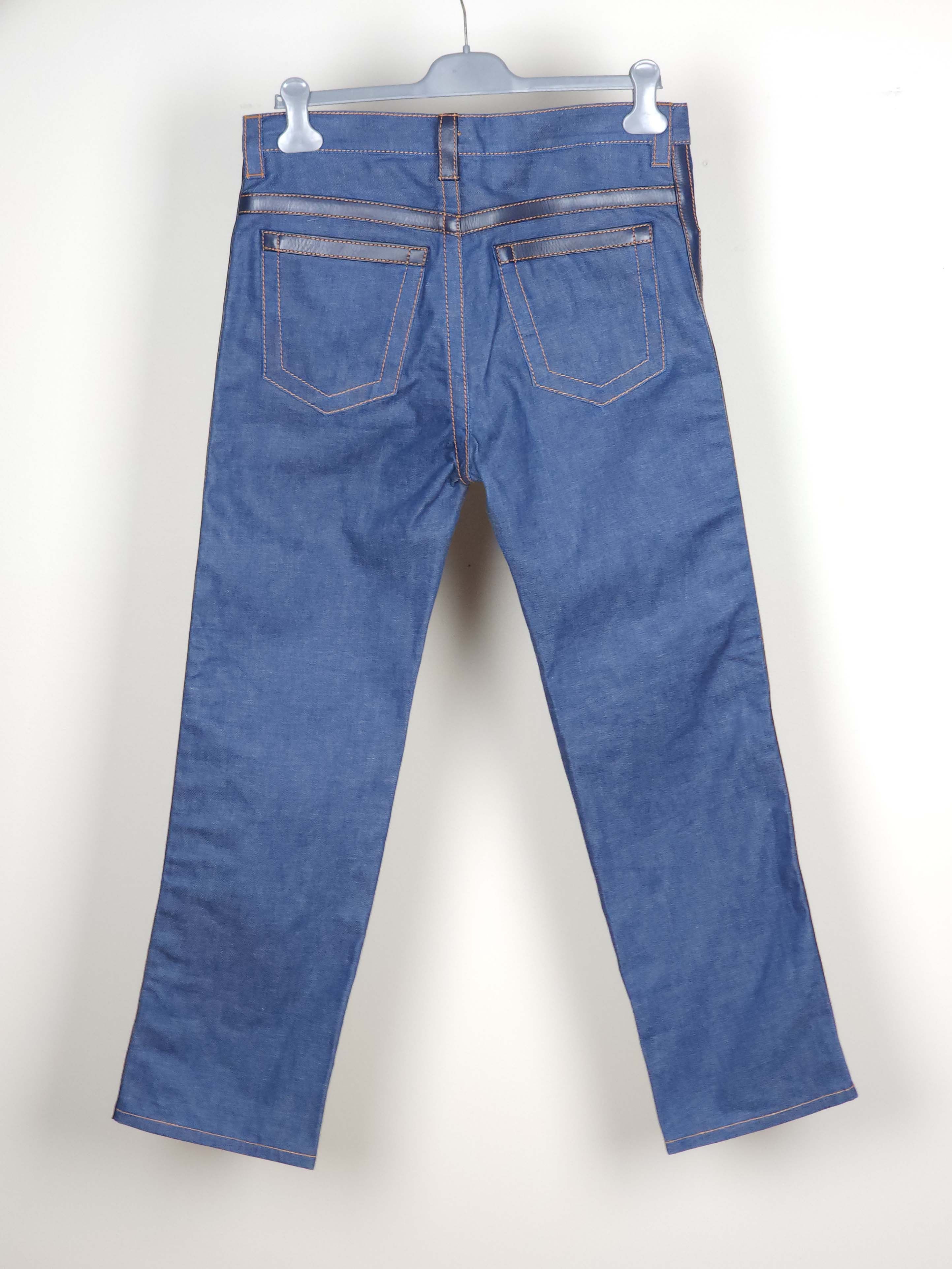 Prada S/S 2015 Unisex Navy Leather Trimmed Blue Jeans Pants Size US 34 / EU 50 - 4 Thumbnail
