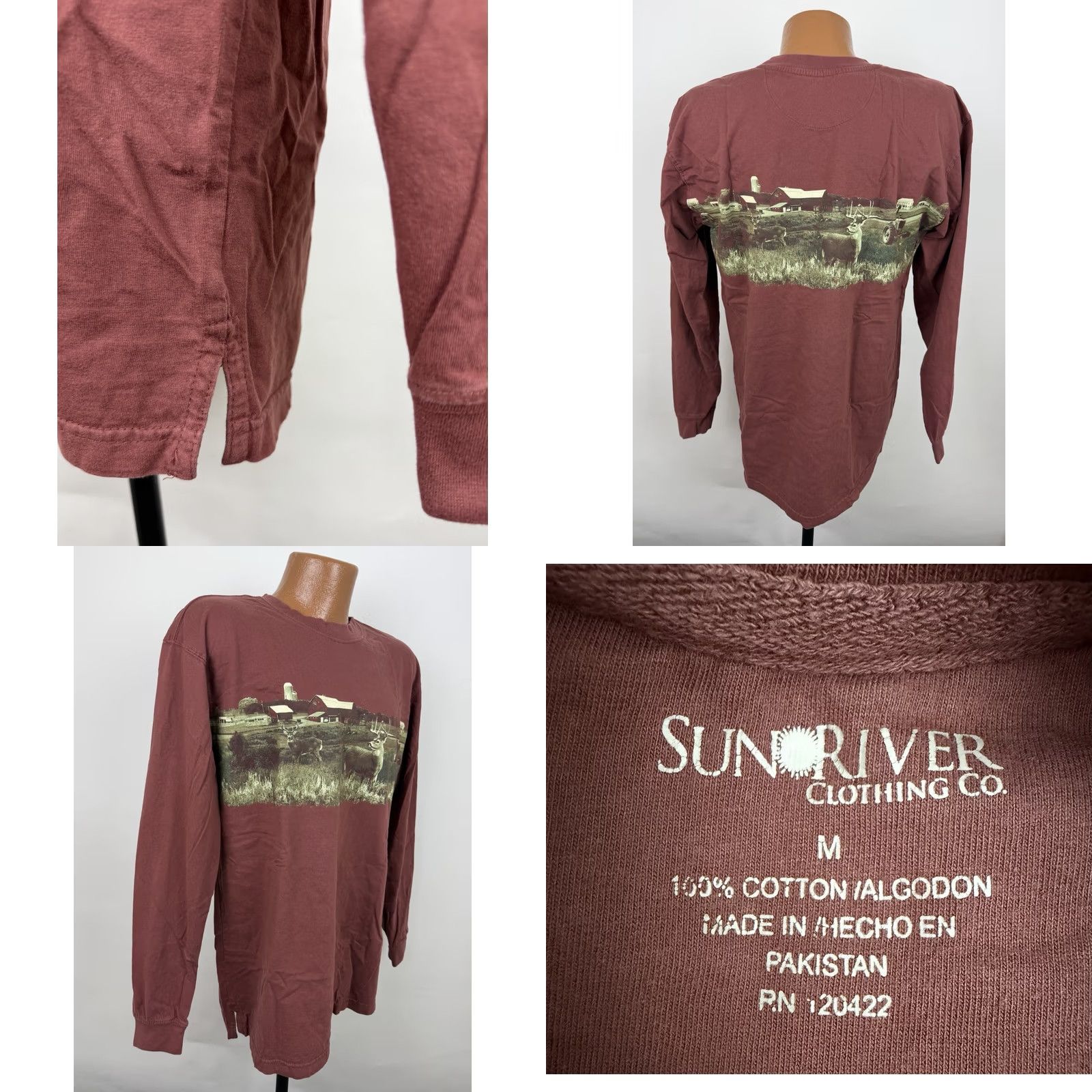 Etro Sun River Clothing Co. Shirt Mens Medium Red Ochre Brown Long Sleeve T-shirt Farming Retro Outdoor Nature Size US M / EU 48-50 / 2 - 8 Thumbnail