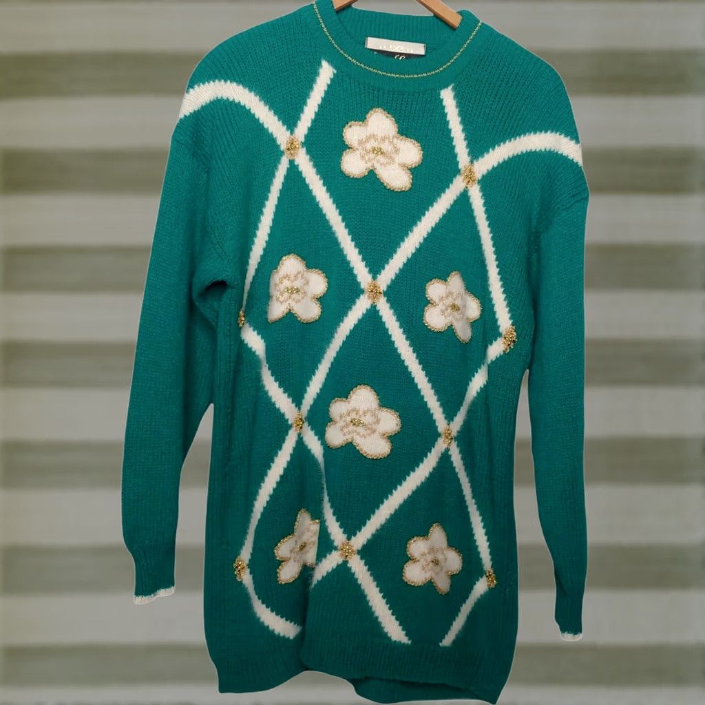 Vintage VINTAGE Dana Scott Sweater L Womens Beaded Flower Cottagecore Teal Green-Blue Crew Neck Long Sleeve Pullover Size L / US 10 / IT 46 - 1 Thumbnail