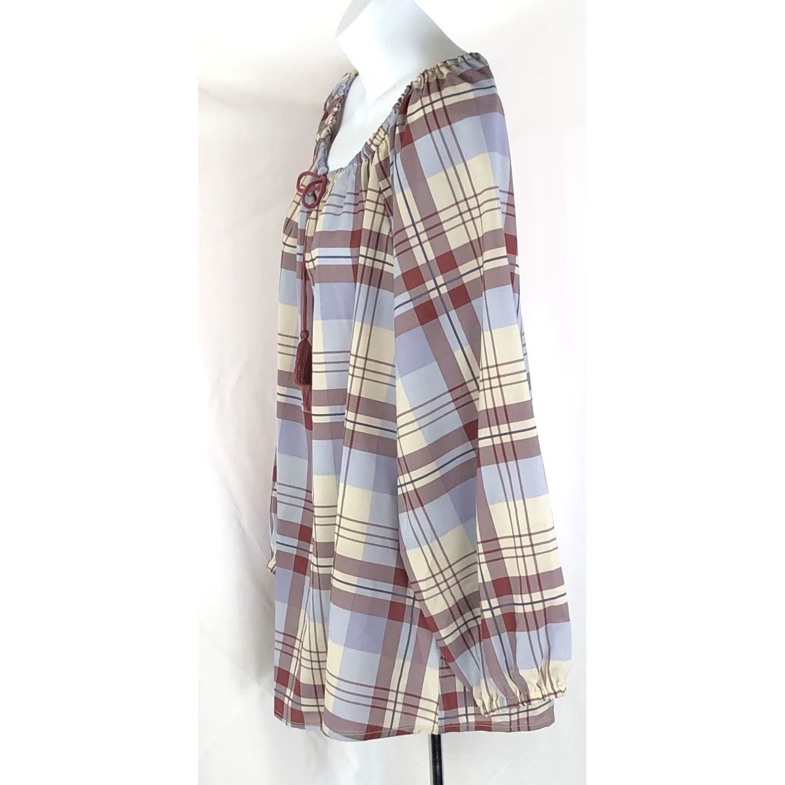 Vintage Daily Thread Top 1X Blue Brown Plaid Neck Boho Hippie Peasant Cottage Tassel Womens Size XL / US 12-14 / IT 48-50 - 2 Thumbnail