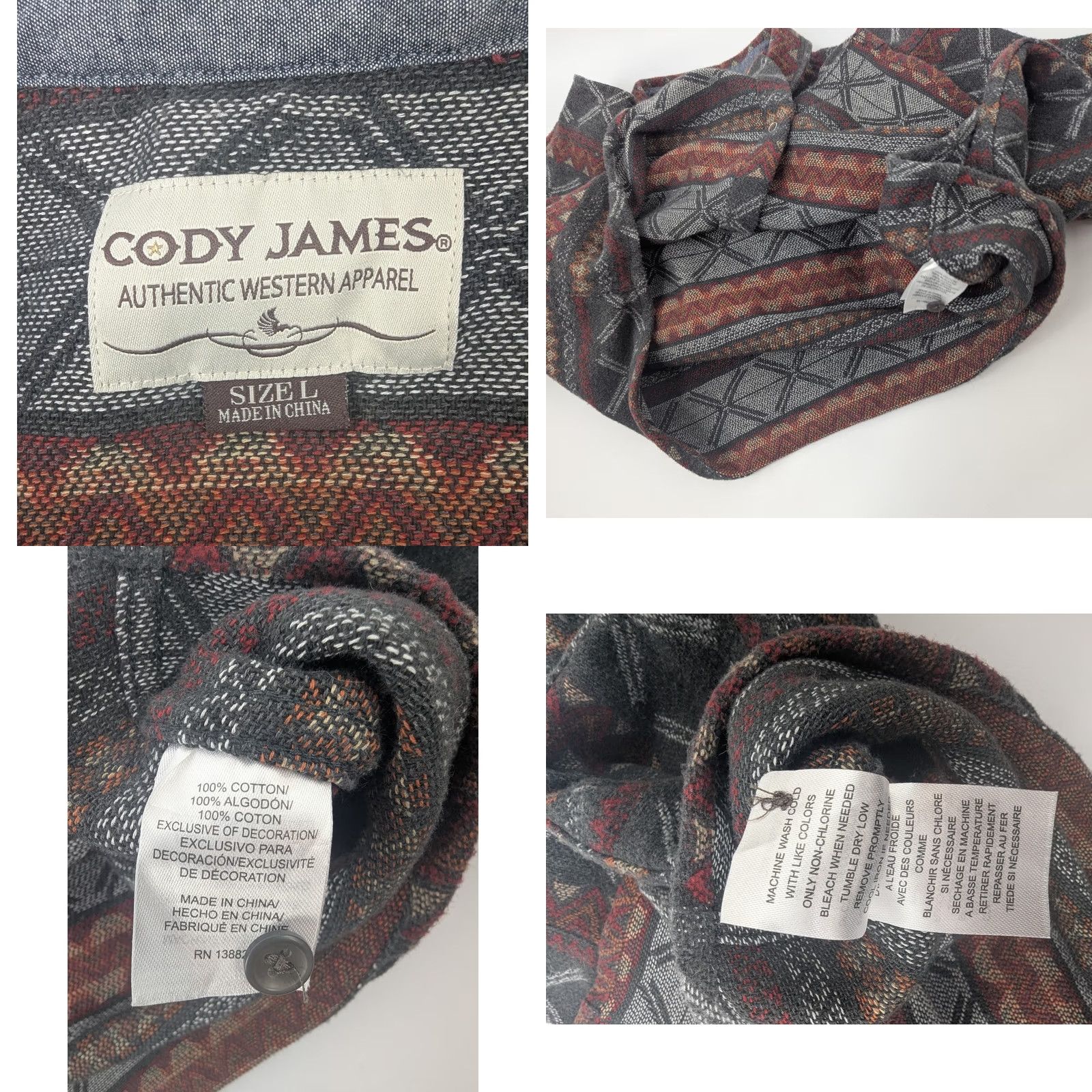 Cody James Cody James Shirt Mens L Southwestern Pearl Snap Long Sleeve Shacket Flannel Color: Gray Red Size US L / EU 52-54 / 3 - 8 Thumbnail