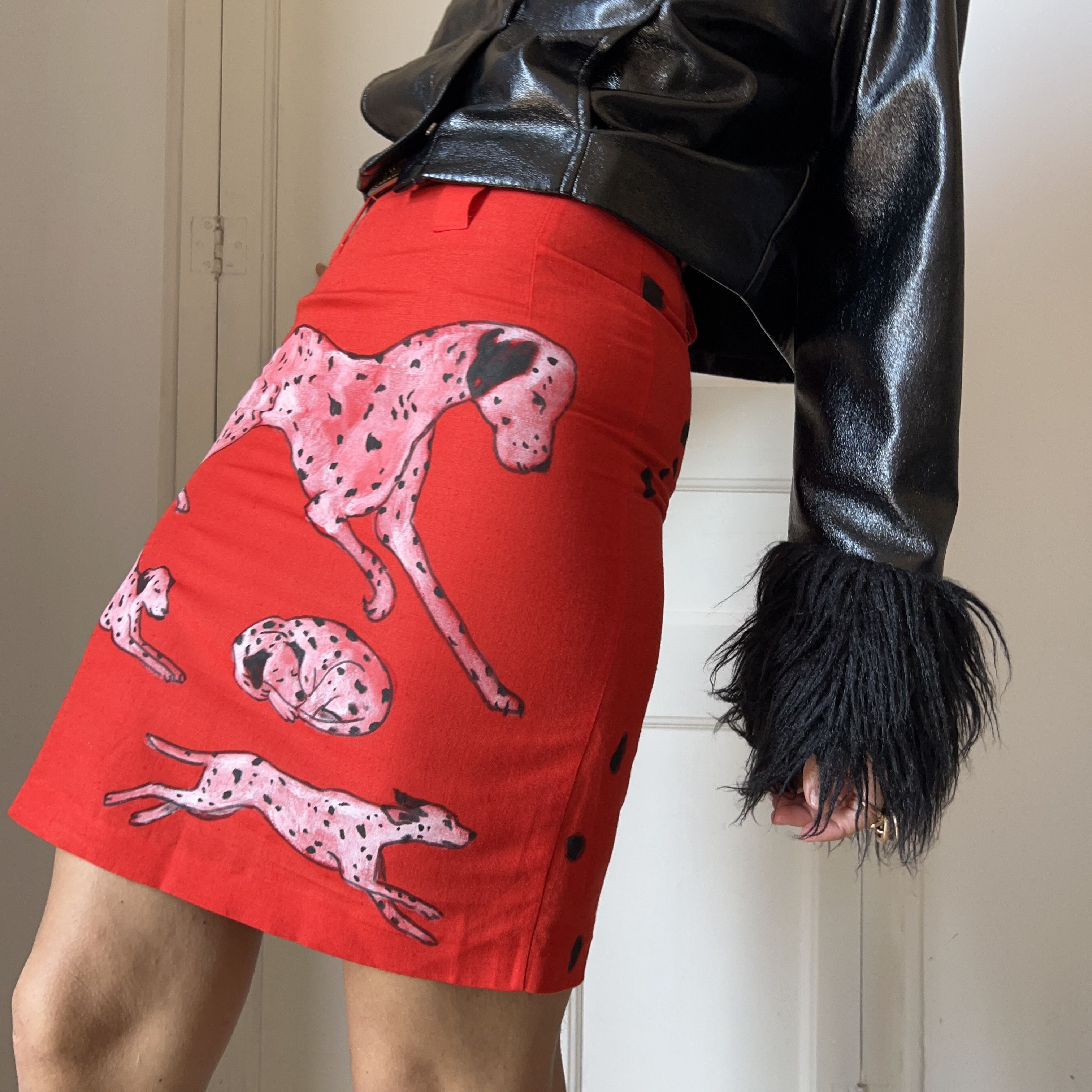 Custommade Painted Dalmatian Dog Red Linen Cotton Mini Skirt Size 27" / US 4 / IT 40 - 4 Thumbnail