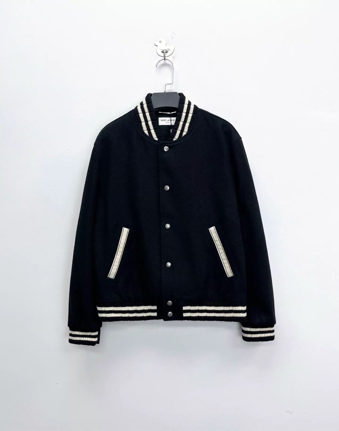 Saint Laurent Paris Saint Laurent Black Striped Wool Baseball Jacket Size US M / EU 48-50 / 2 - 1 Thumbnail