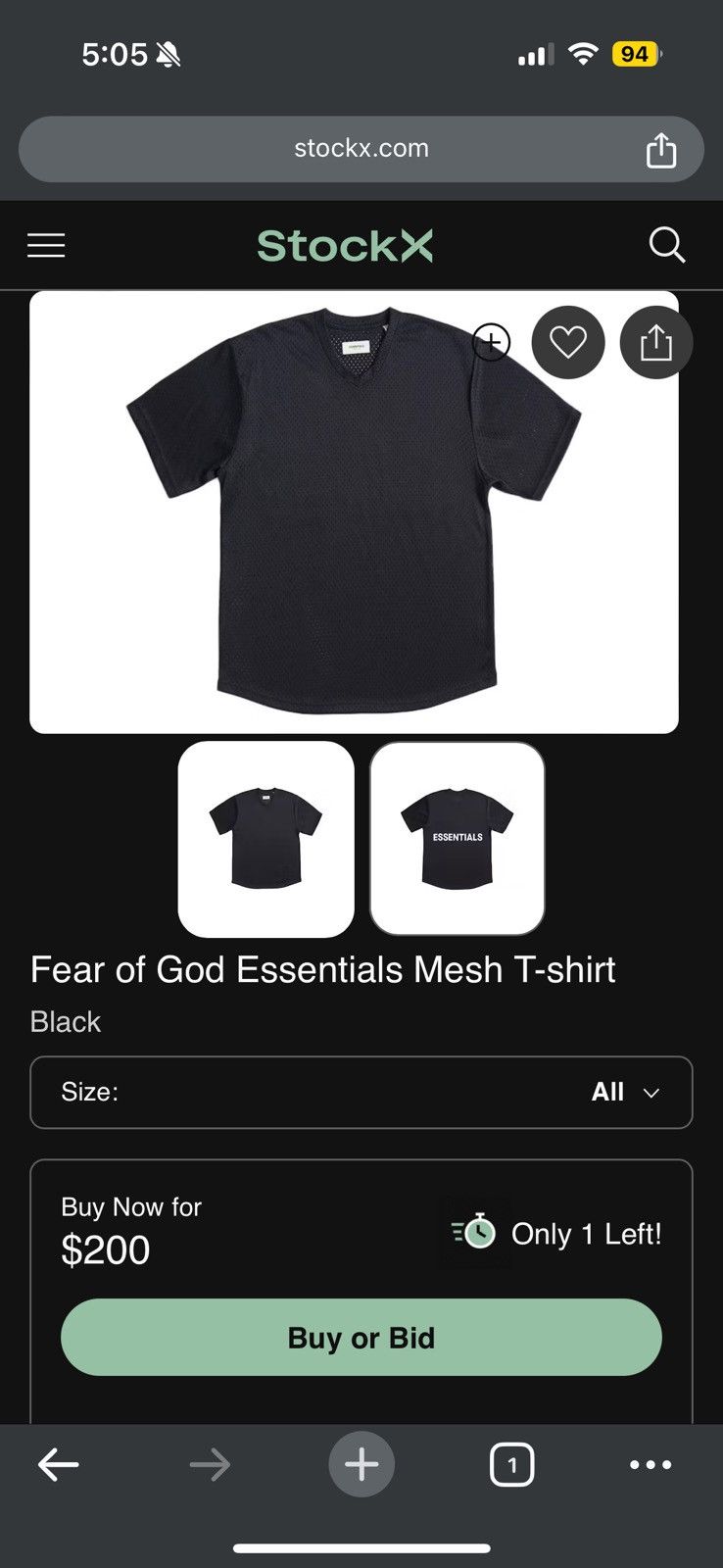 Fear of God Fear of God Essentials Mesh T-Shirt Black SZ XS 💥 Size US XS / EU 42 / 0 - 7 Thumbnail