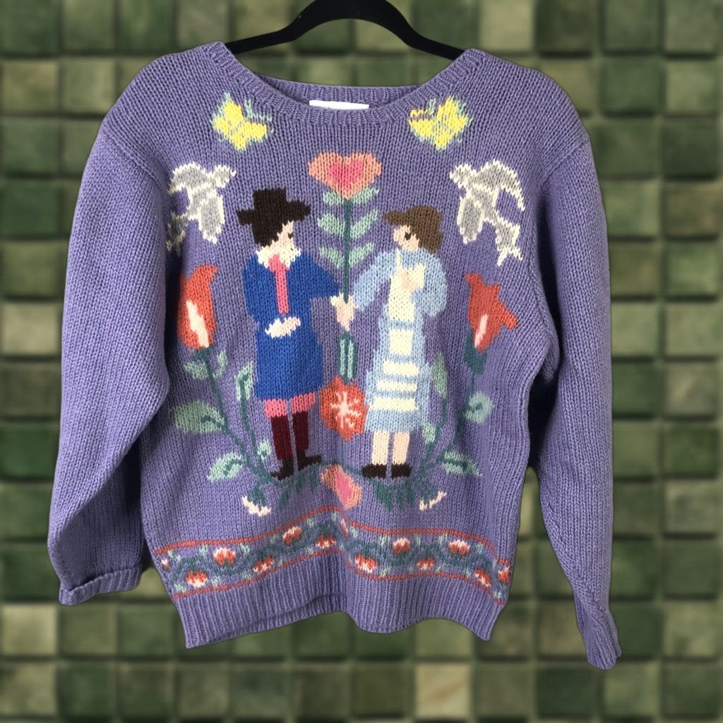 VINTAGE Deans Of Scotland Sweater Women L Wool Folk Art Couple Graphic Knit Love Country