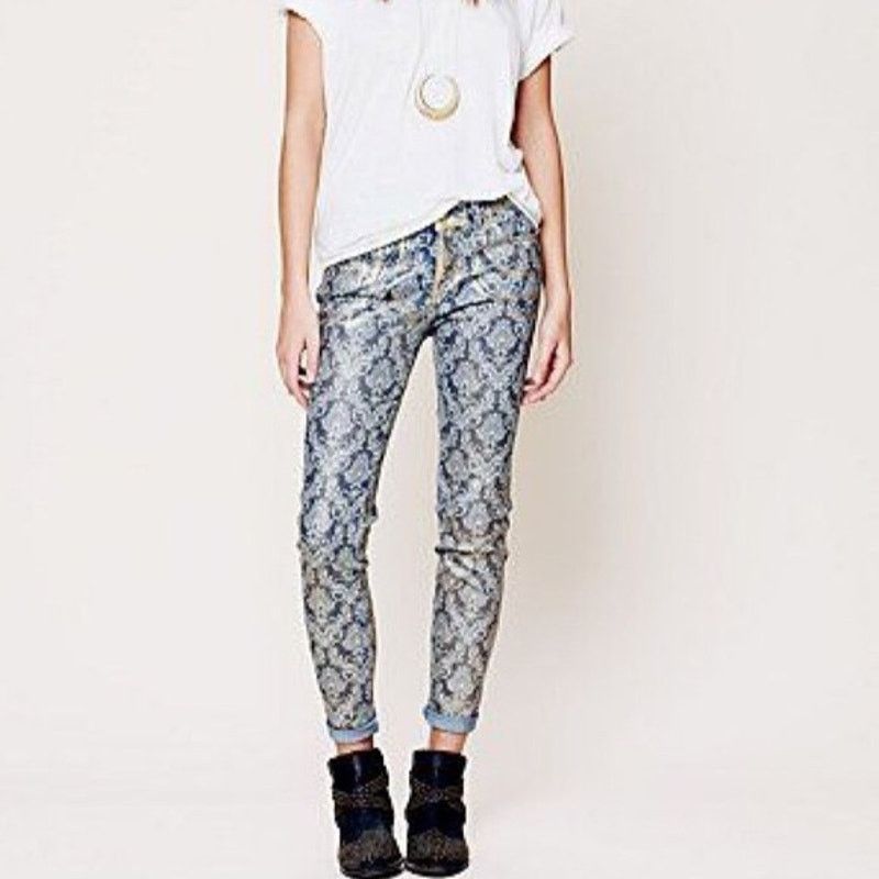 Free People RARE Free People Damask Tapestry Gold Foil Skinny Jeans 27 Size 27" / US 4 / IT 40 - 1 Thumbnail