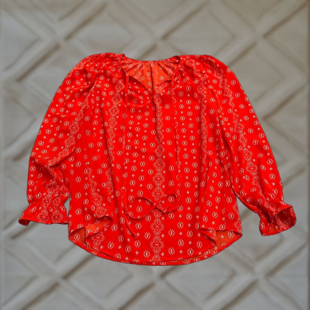 Vintage Unbranded Tunic Blouse Womens Medium Red Geometric Long Sleeve V-Neck Tie Casual Shirt Size M / US 6-8 / IT 42-44 - 1 Thumbnail