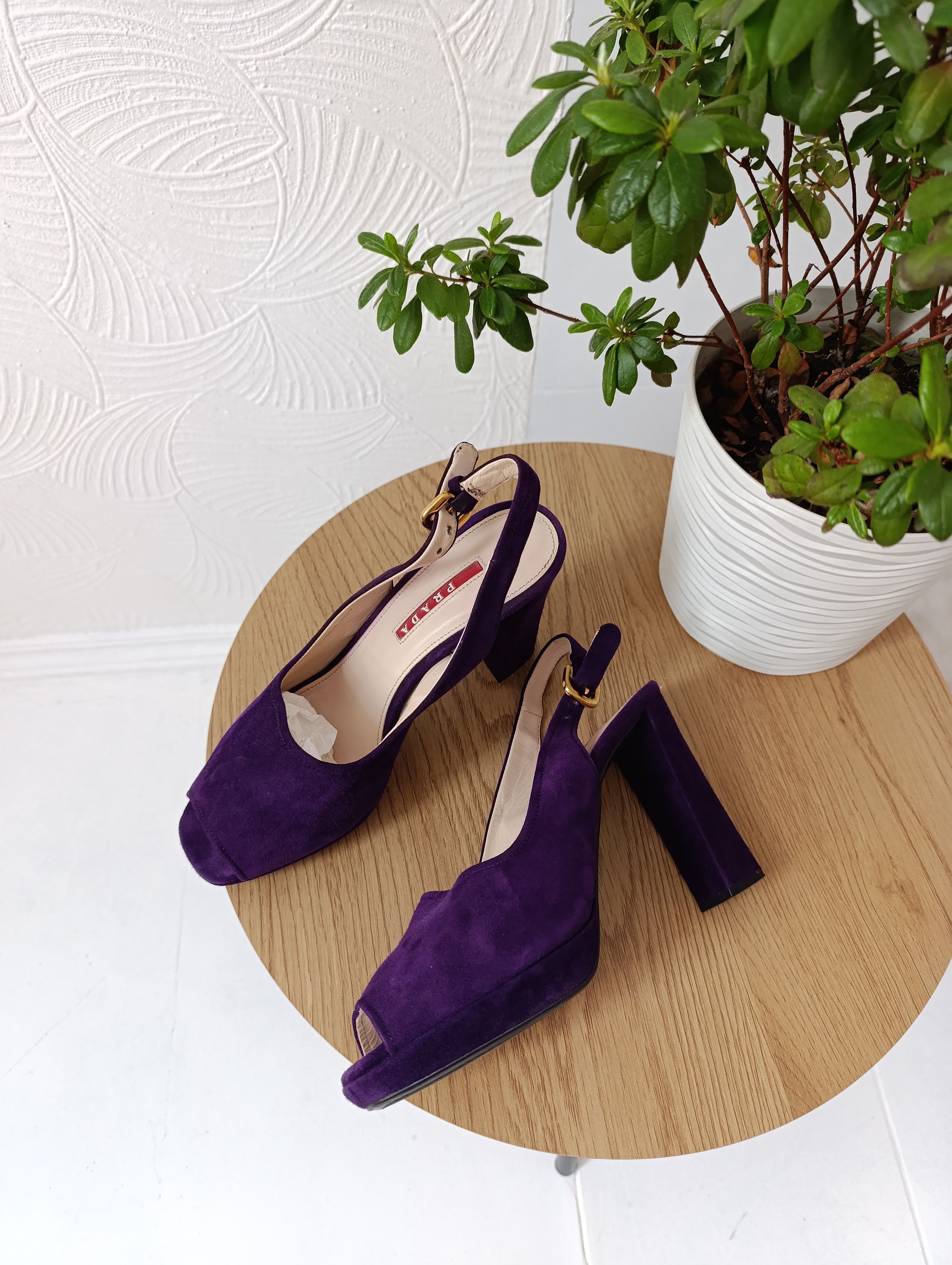 Designer Prada Barhat Sandals Heel Shoes Purple Red Tab, Women's (Size 7)
