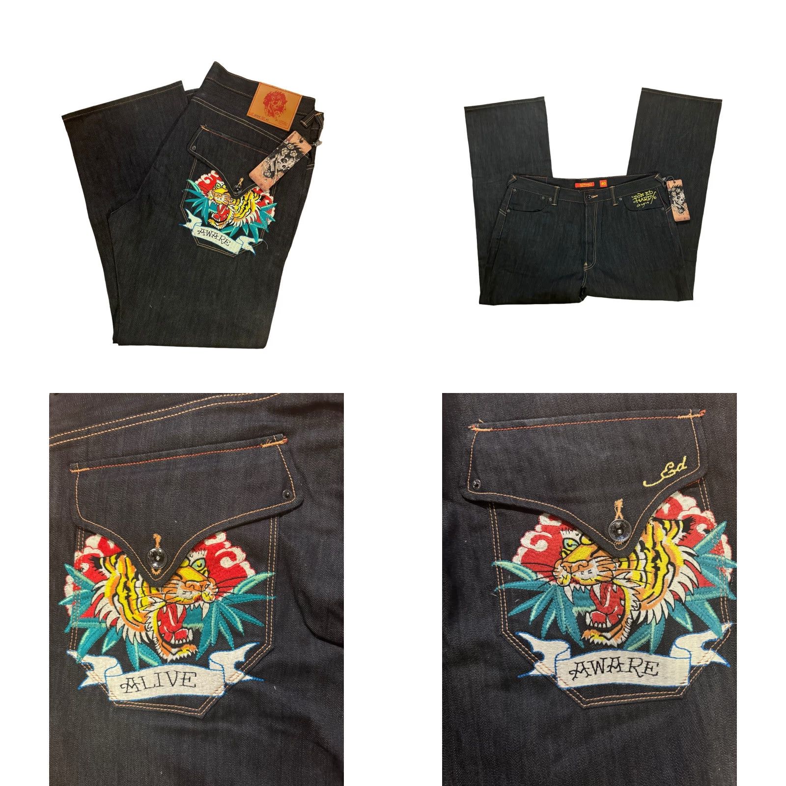 Ed Hardy VINTAGE Ed Hardy Tiger RDMBL Alive N Aware Denim Jeans 40x32 Mens Jeans 5-Pocket Design Black Cotton Denim Embroidered Relaxed Wide-Leg INSEAM 32 in Size US 40 / EU 56 - 8 Thumbnail