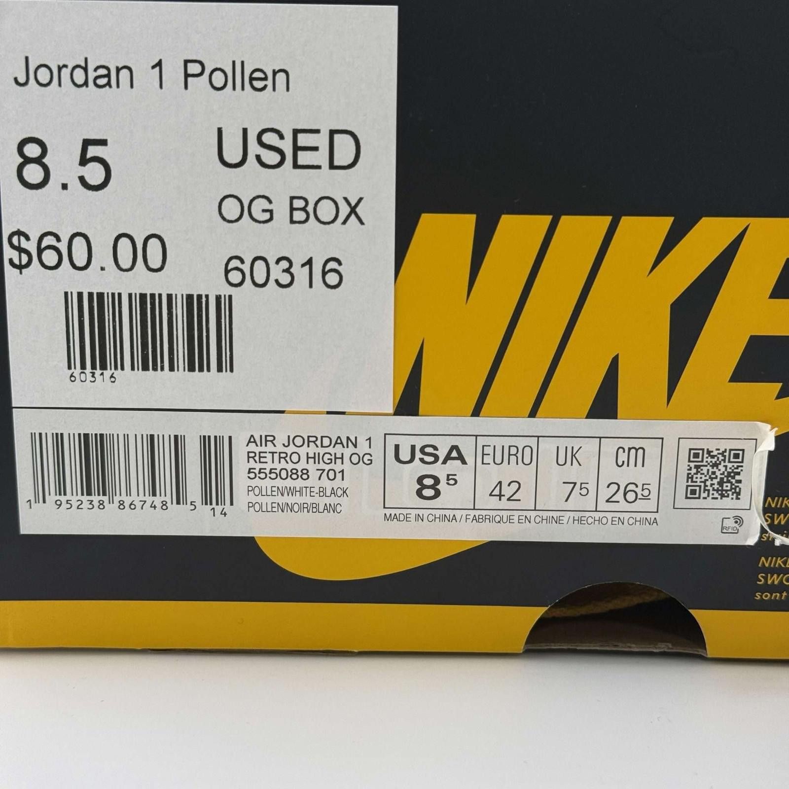 Nike Air Jordan 1 Retro High Pollen Black Yellow 8.5 Used Size US 8.5 / EU 41-42 - 8 Thumbnail