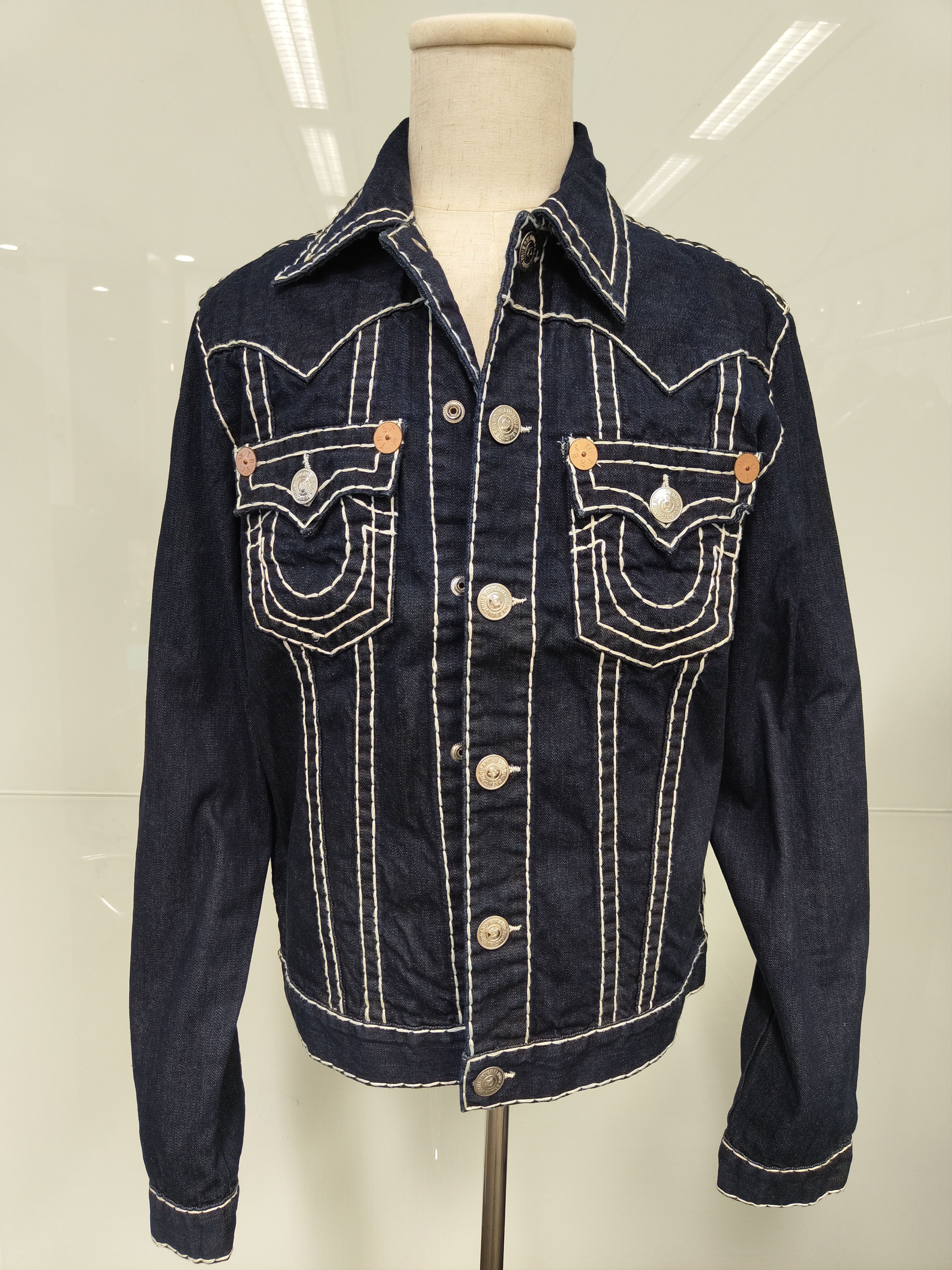 image of True Religion Denim Buttoned Up Jacket With White Stitching in Blue, Men's (Size Large)