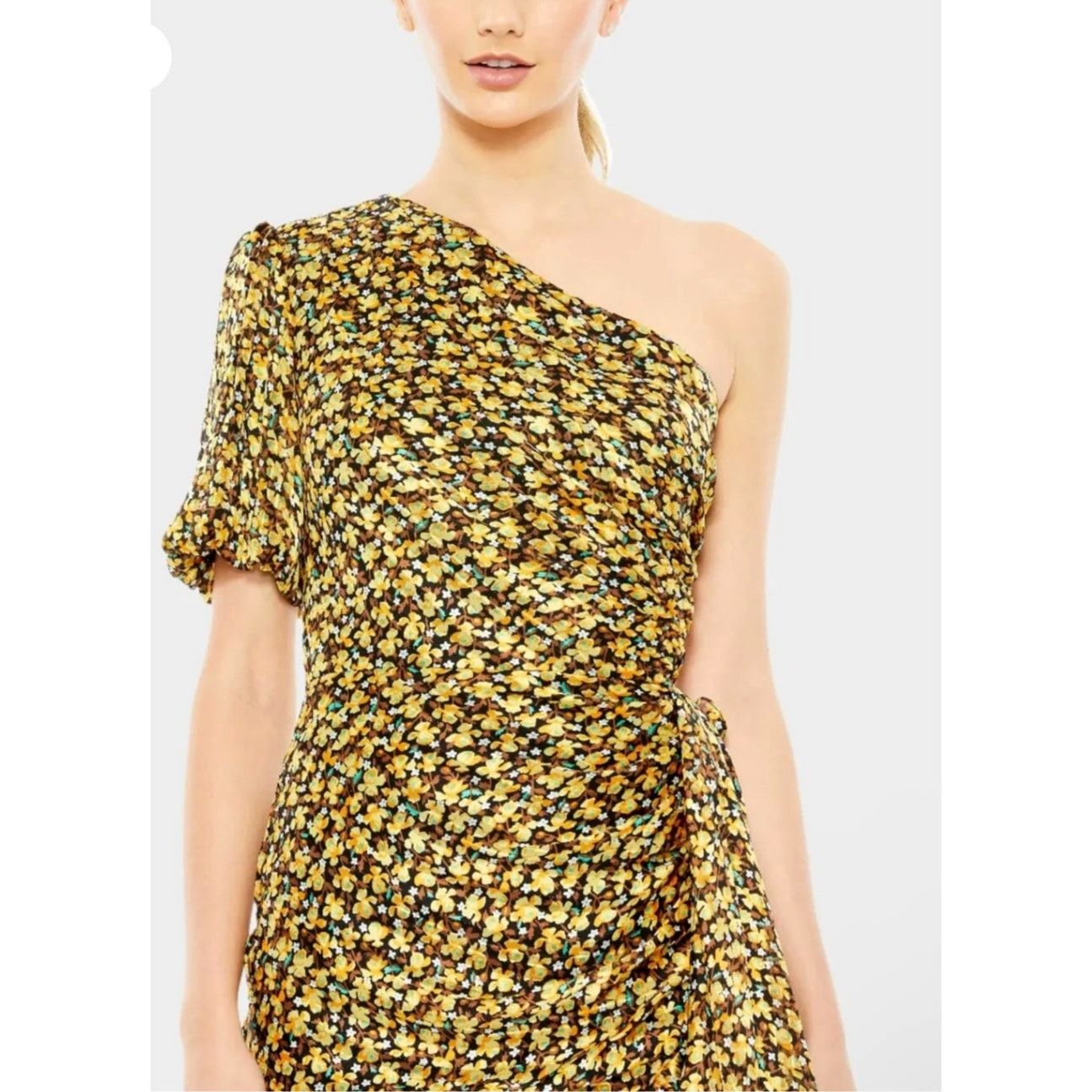 Other Mac Duggal Black Floral Draped 1 Sleeve Ruffled Hem Dress 2 Size XS / US 0-2 / IT 36-38 - 4 Thumbnail