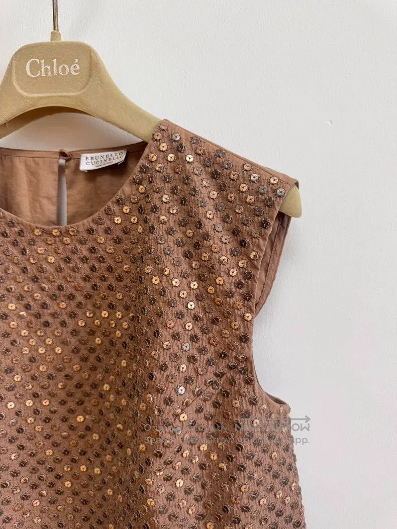 Brunello Cucinelli Brunello Cucinelli Brown Sequined Sleeveless Top Size S / US 4 / IT 40 - 4 Thumbnail