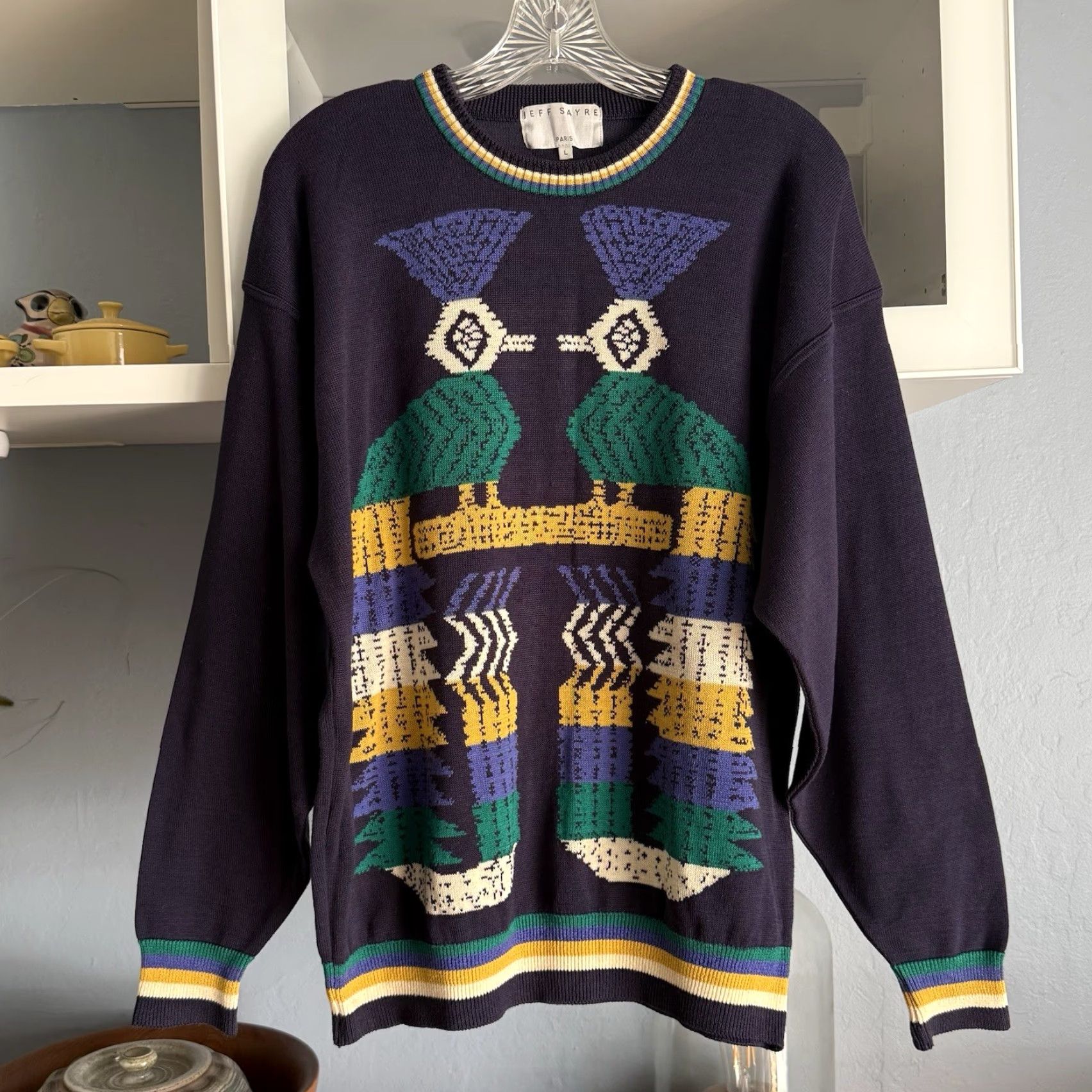 Vintage VINTAGE Jeff Sayre Paris Cotton Sweater Geo Bird Pattern Blue Multi Sz L Size US L / EU 52-54 / 3 - 2 Thumbnail