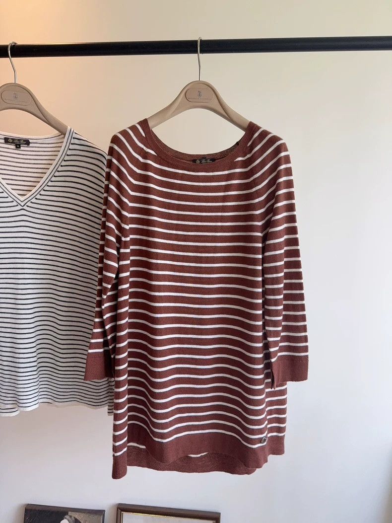 Loro Piana Loro Piana Brown White Stripe Cashmere Sweater- Size US L / EU 52-54 / 3 - 1 Thumbnail