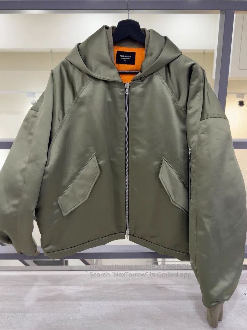 Fear of God Olive green cotton satin hooded flight jacket