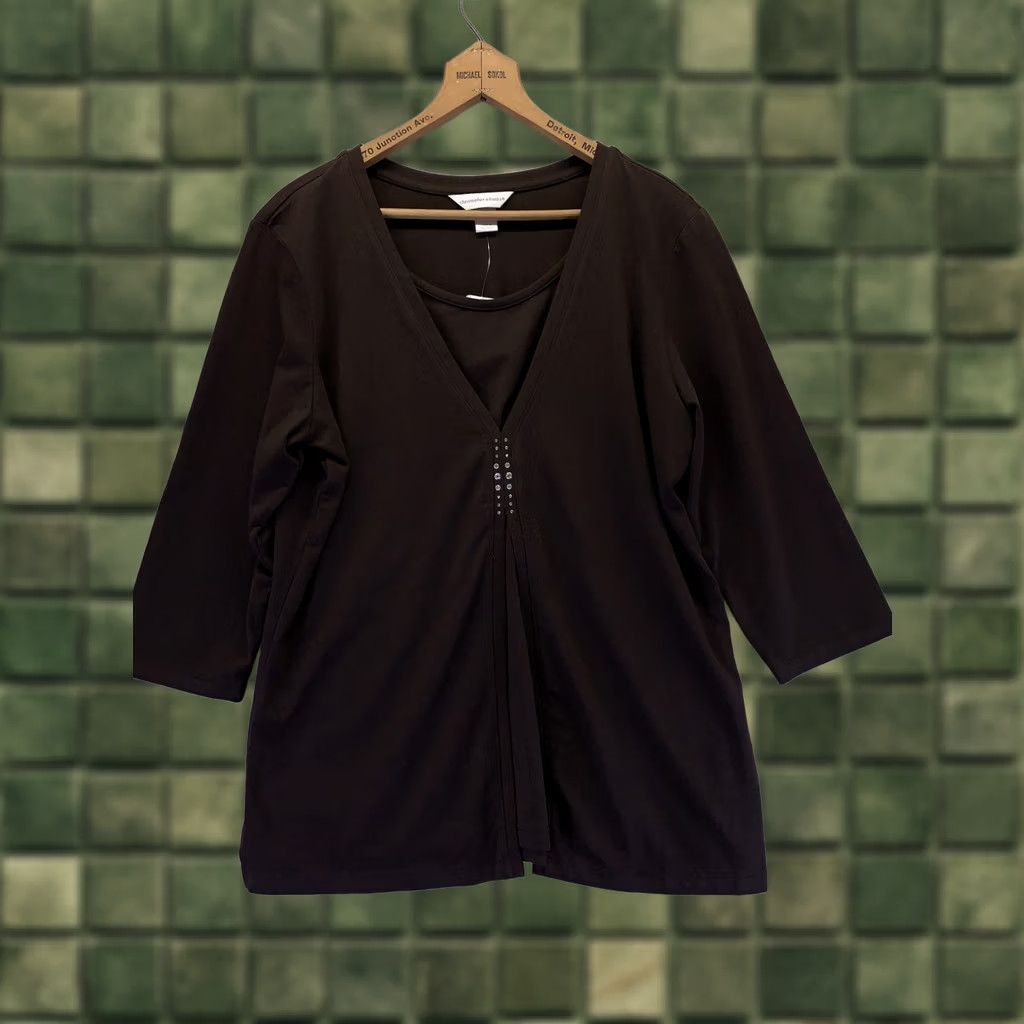 Vintage Christopher & Banks Womens Brown 3/4 Sleeve Rhinestone Embellish Top NWT-5655 Size L / US 10 / IT 46 - 1 Thumbnail