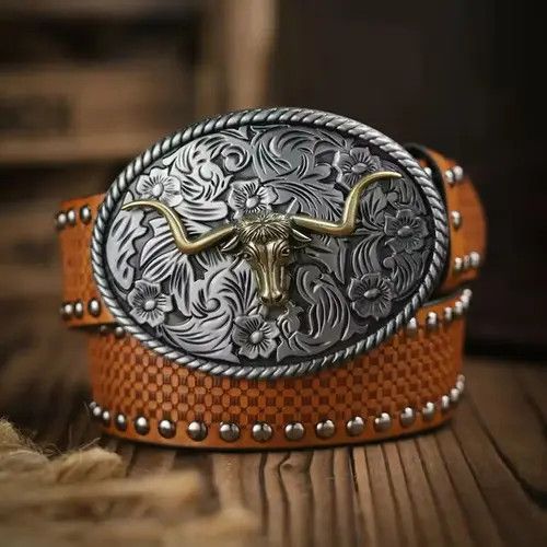 image of Unbrnd x Very Cool Bull Head Skull Western Denim Belt Brown, Men's