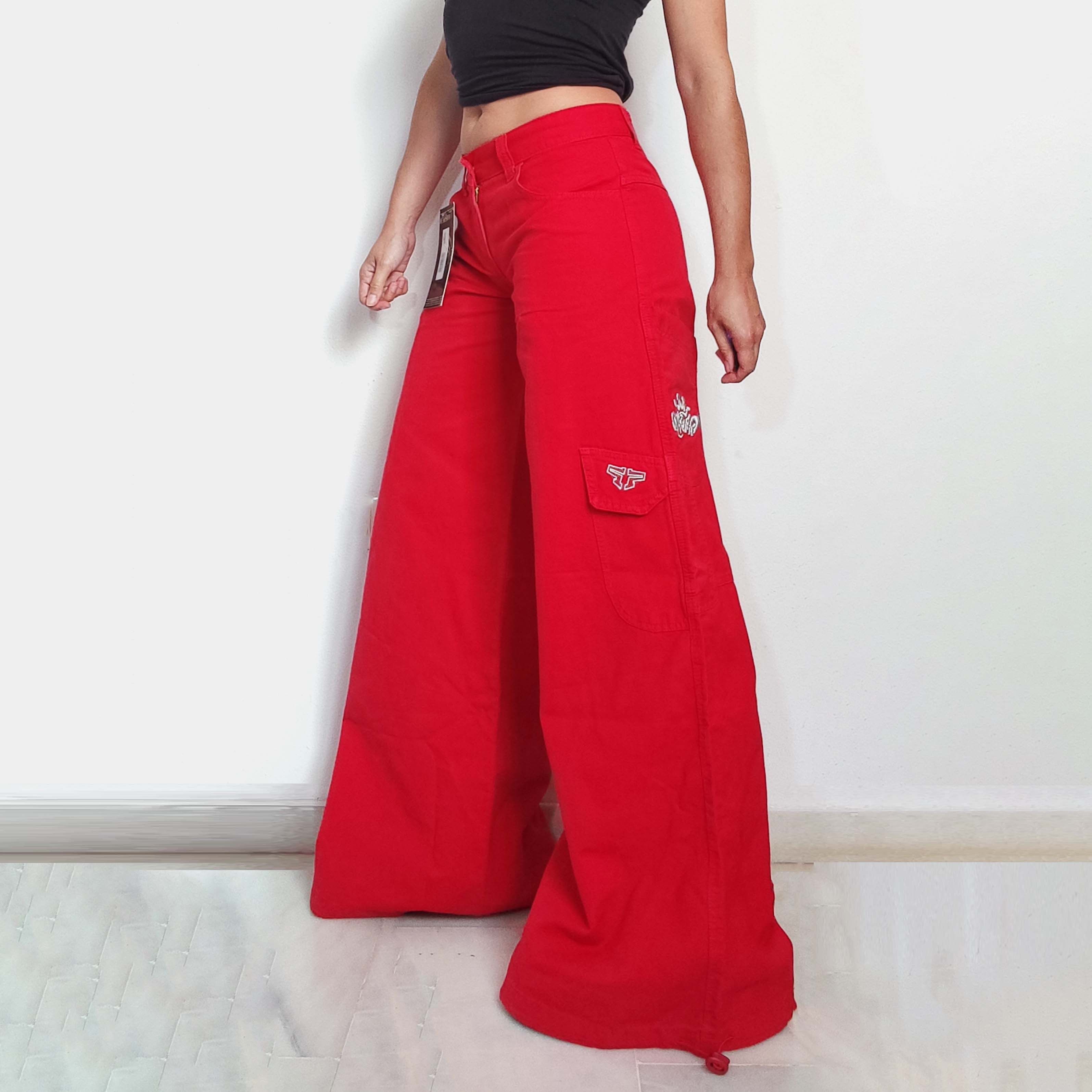 Vintage Y2k Deadstock Vintage Red Ultra Wide Leg Trousers Size 27" / US 4 / IT 40 - 1 Thumbnail