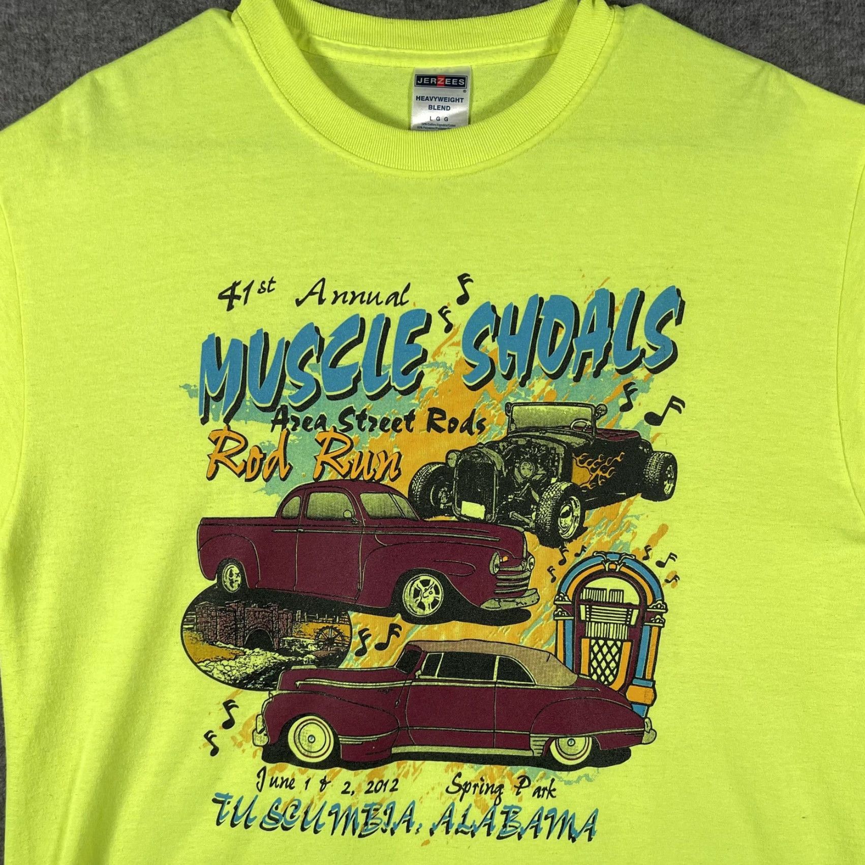 Jerzees Jerzees Shirt Mens Large Yellow Muscle Shoals Rod Run 2012 Tee Car Show Jukebox Graphic Print Muscle Shoals Alabama Vintage No N/A Size US L / EU 52-54 / 3 - 2 Thumbnail