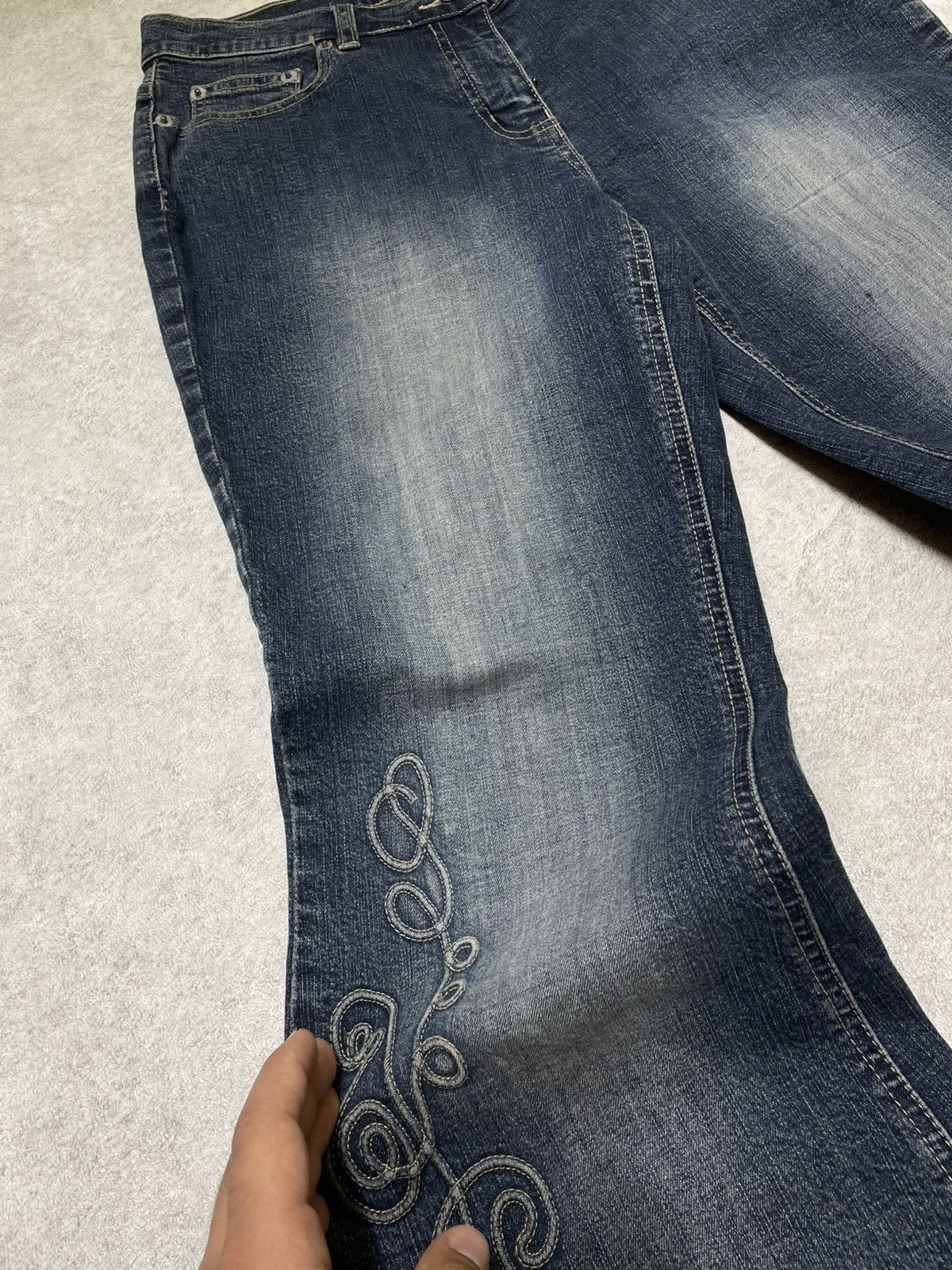 If Six Was Nine × Le Grande Bleu (L.G.B.) × Tornado Mart Skull Y2K Flare Jeans With Ornate Threadwork — Think LGB Size US 32 / EU 48 - 6 Thumbnail