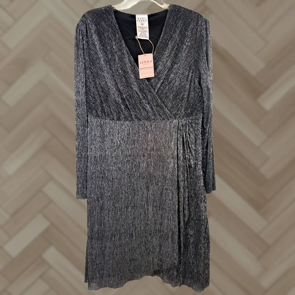Vintage Serra Metallic Dress Women Medium Shift Long Sleeve V-Neck Knee Length Polyester Spandex Chiffon Party/Cocktail New Size M / US 6-8 / IT 42-44 - 1 Thumbnail