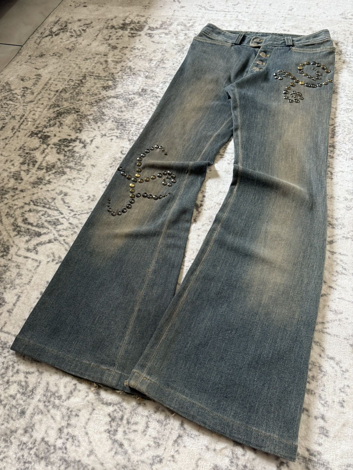 Tornado Mart Tornado Mart Artisanal Studded Tribal Mud Wash Flare Jeans Size US 29 - 24 Thumbnail