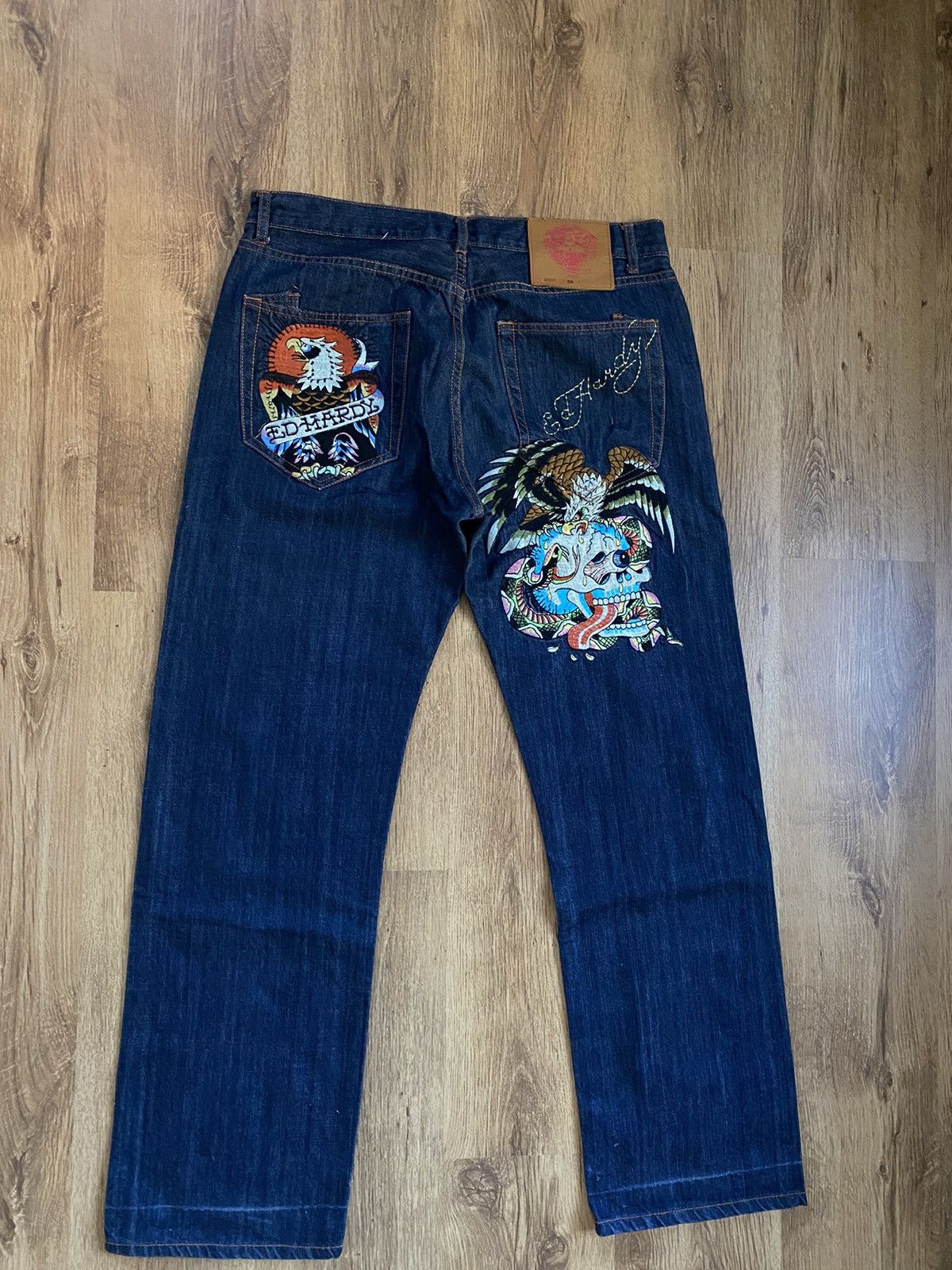 image of Ed Hardy Y2K Embroidered Logo Jeans in Blue, Men's (Size 36)