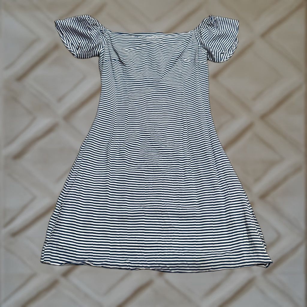 Bebe BeBe Womens Mini Dress Off Shoulder Puff Sleeve 4 Blue White Striped Stretch Size S / US 4 / IT 40 - 1 Thumbnail