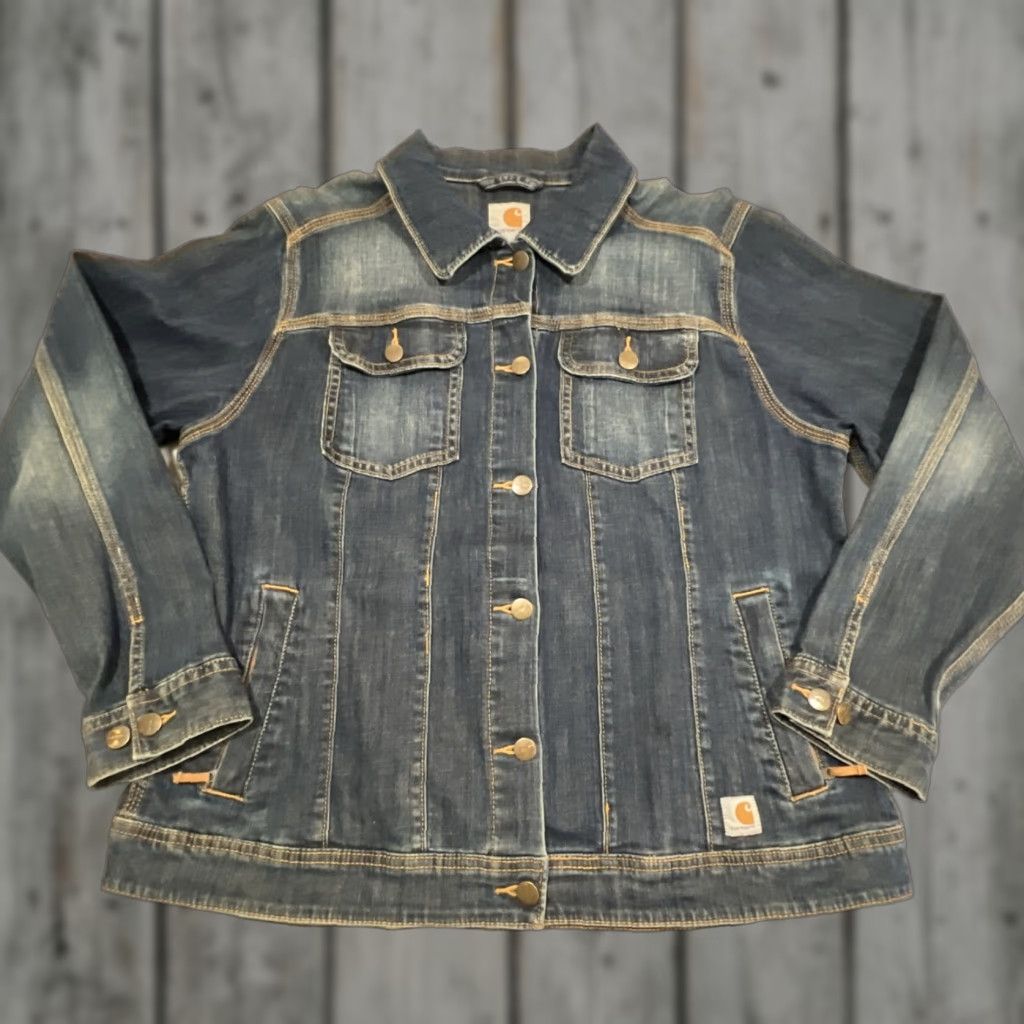 Carhartt Carhartt Denim Trucker Jacket Women’s XL 16-18 Button Up Zip Pockets Stretch Blended Cotton Denim Blue Vintage No N/A Size XL / US 12-14 / IT 48-50 - 1 Thumbnail