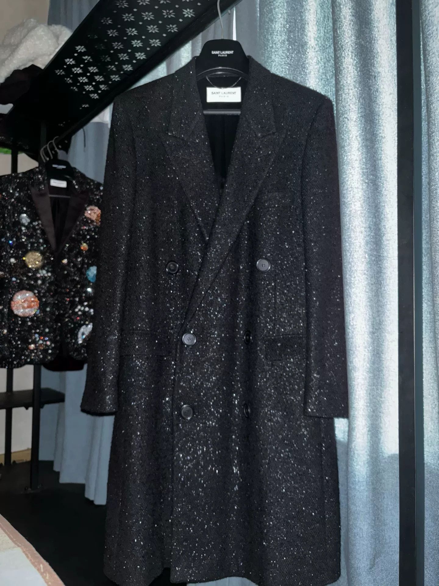 Saint Laurent Paris Saint Laurent Black Glitter Double-Breasted Coat Size L / US 10 / IT 46 - 1 Thumbnail