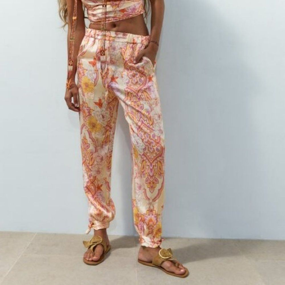 Zara NWT New Zara Satin Floral Tapered The Sasha Pants Size L Size 36" / US 14 / IT 50 - 1 Thumbnail