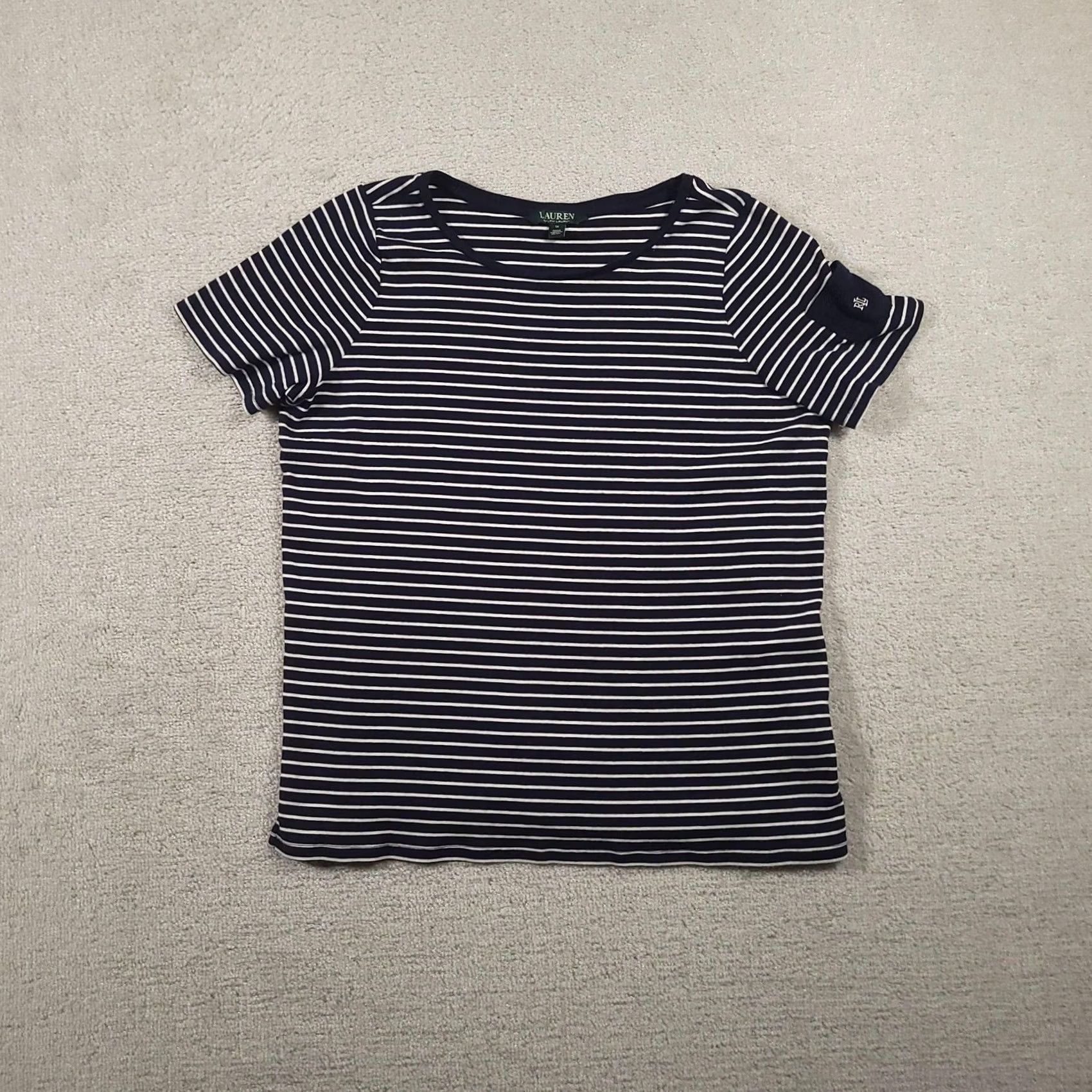 Ralph Lauren Lauren Ralph Lauren Shirt Womens 1X Navy Striped Short Sleeve Crewneck RL Logo Size XL / US 12-14 / IT 48-50 - 2 Thumbnail