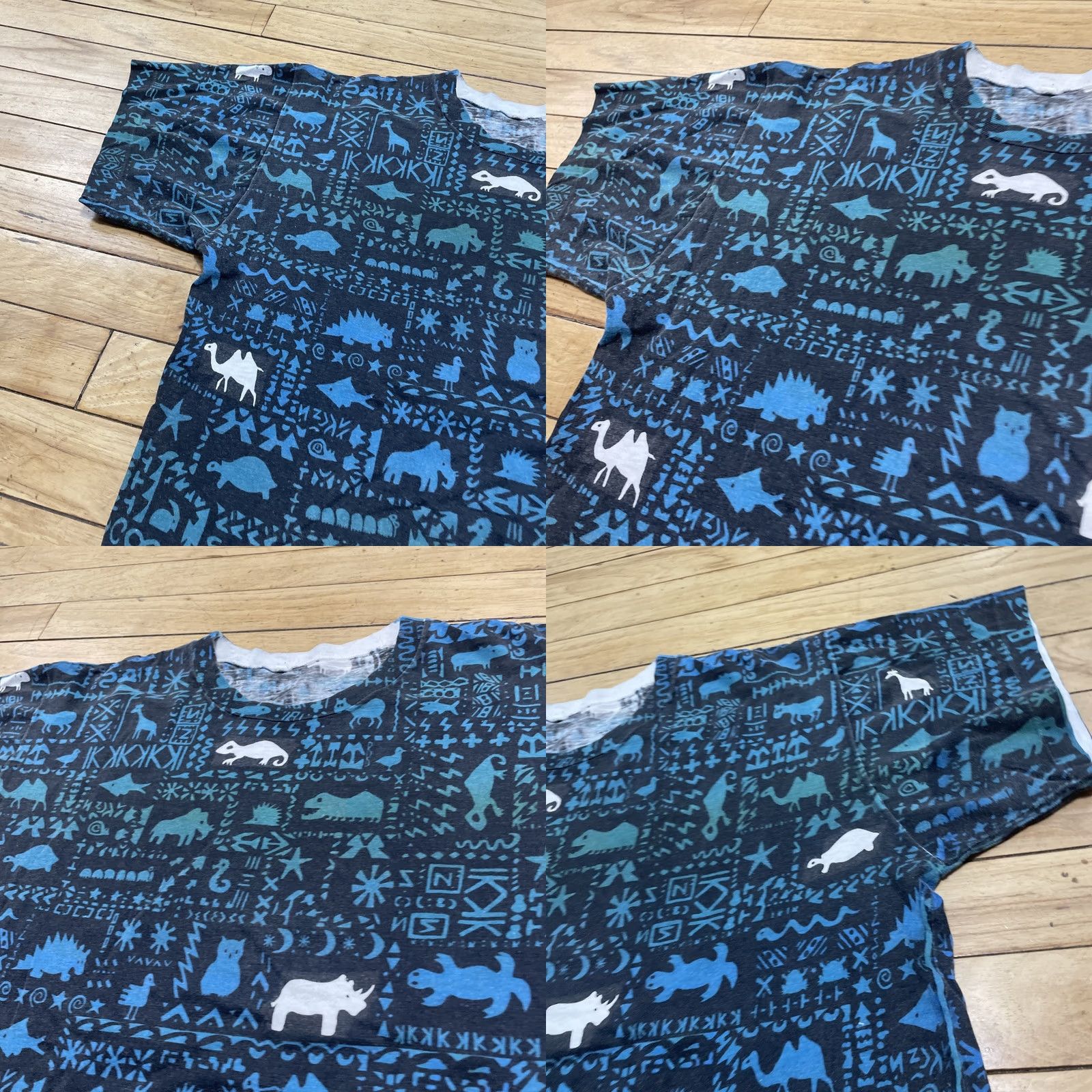 Vintage vtg 80s Single Stitch T Shirt TRIBAL ART Animal 90s Graphic AOP Crop Teal Men M Shirt Size US M / EU 48-50 / 2 - 10 Thumbnail