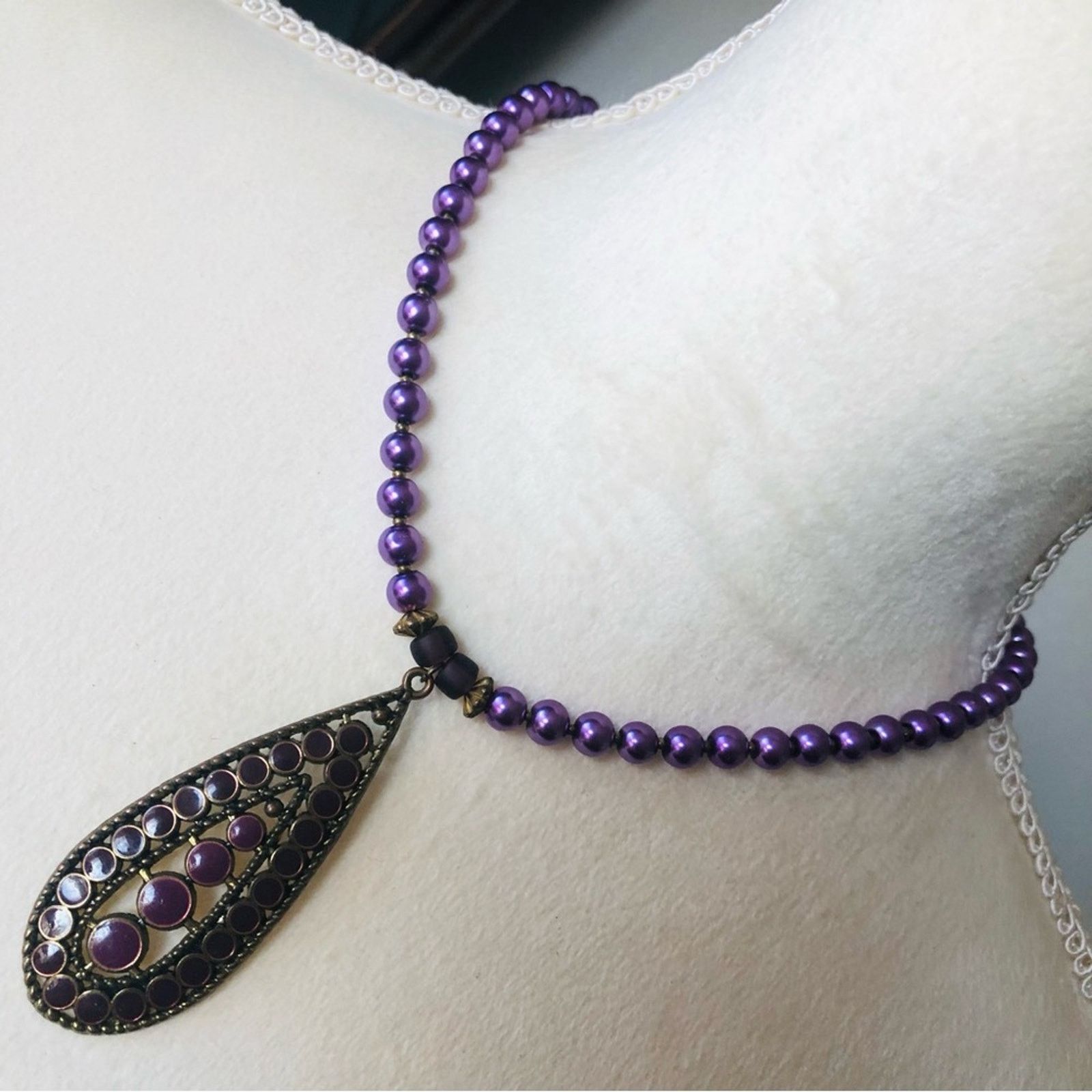 Handmade Handcrafted repurpose purple enamel raindrop Pearl necklace Size ONE SIZE - 1 Thumbnail